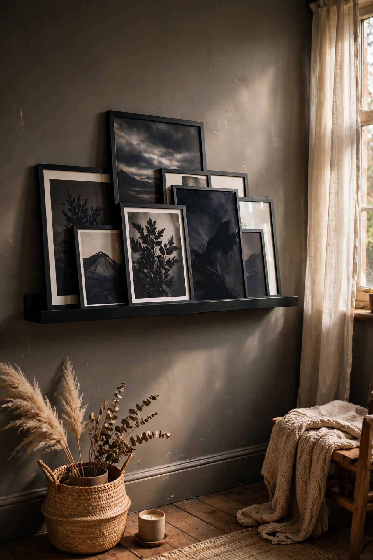 Black picture ledge with layered dark art prints on a wall