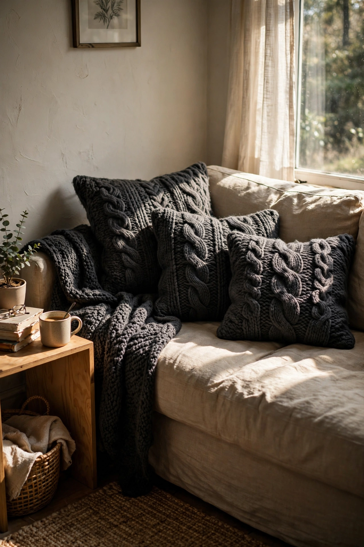 Sofa with charcoal wool throw pillow covers in rich texture
