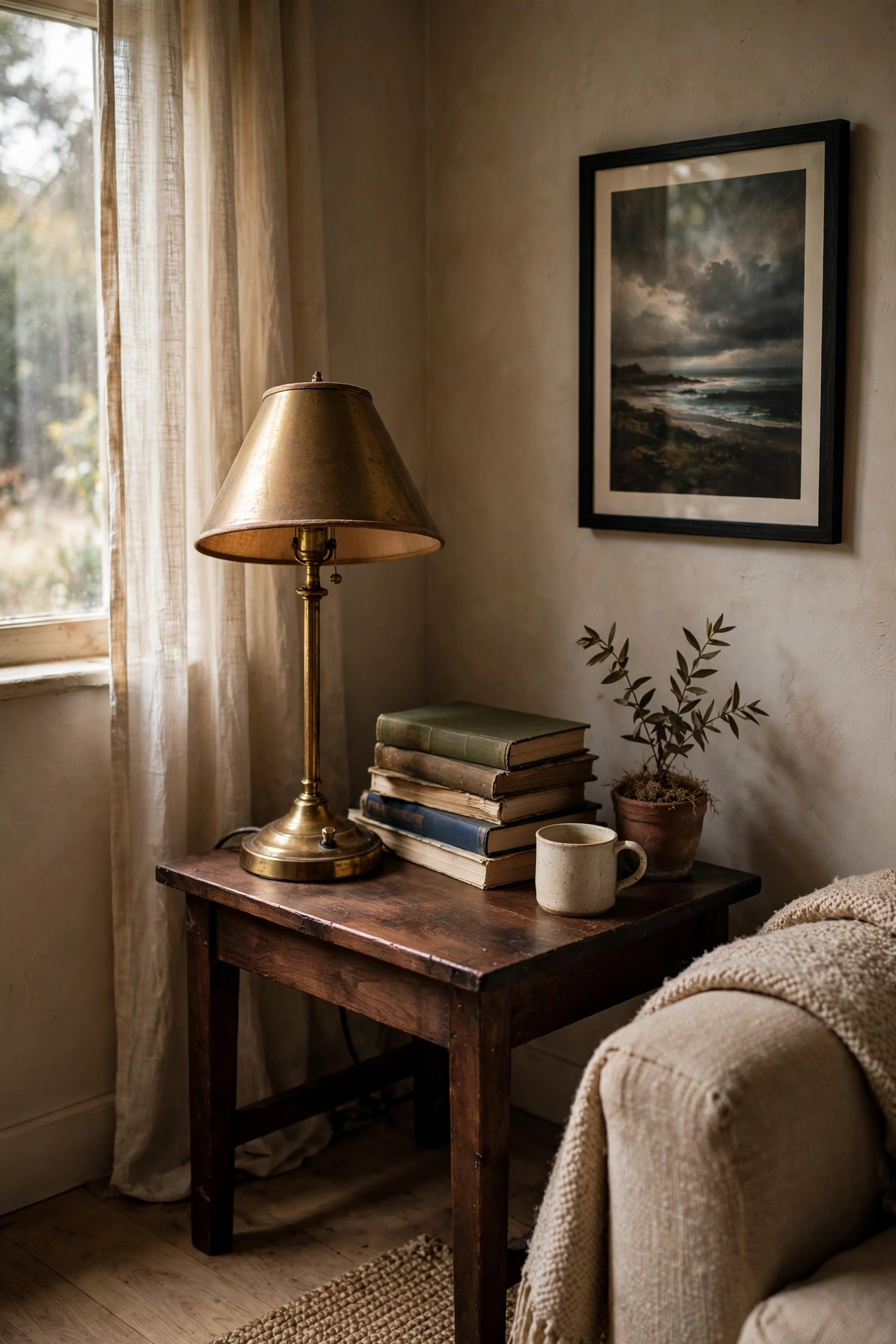 Thrifted wooden side table stained dark walnut with a brass lamp