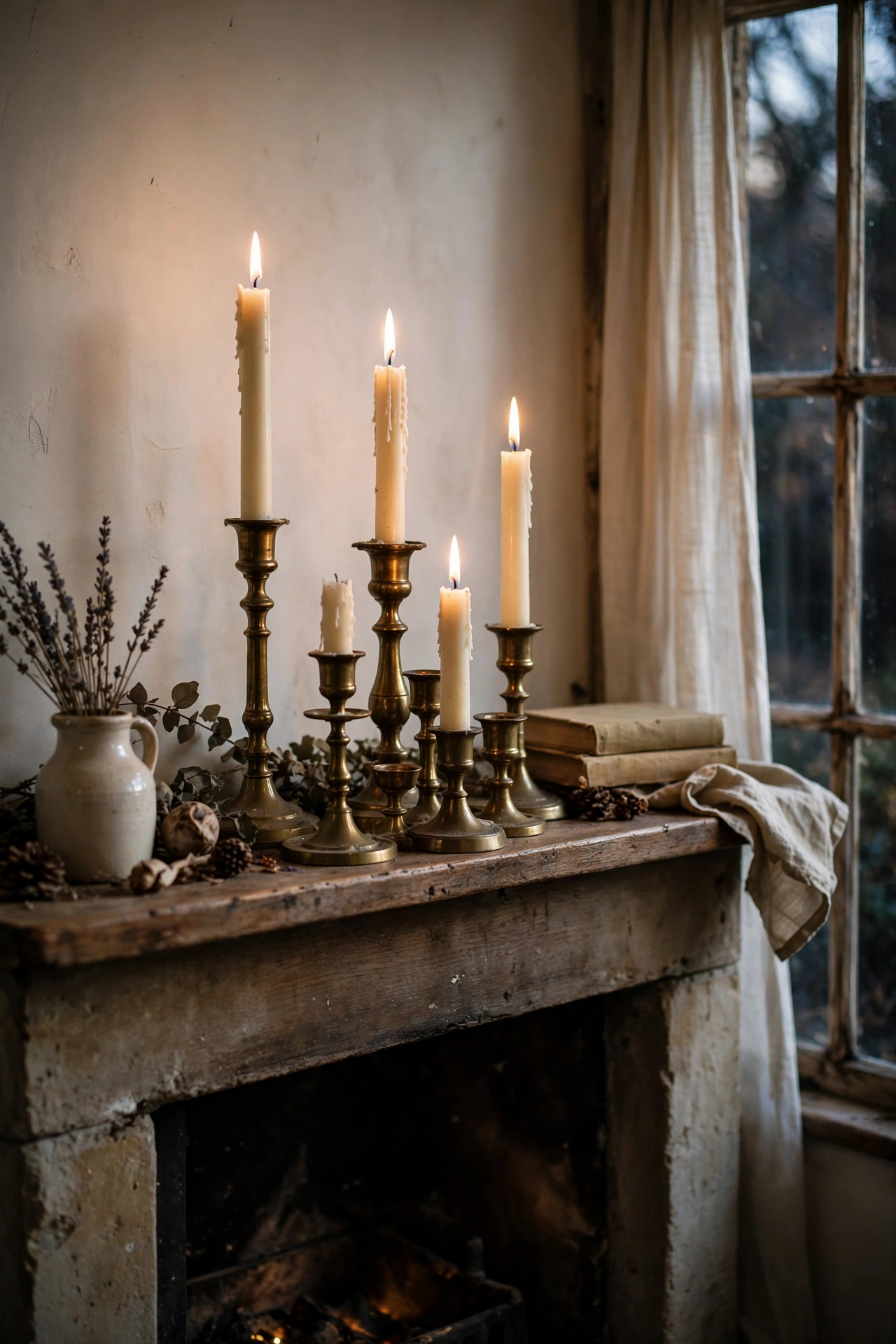 Mantel with a cluster of thrifted brass candleholders and tapers