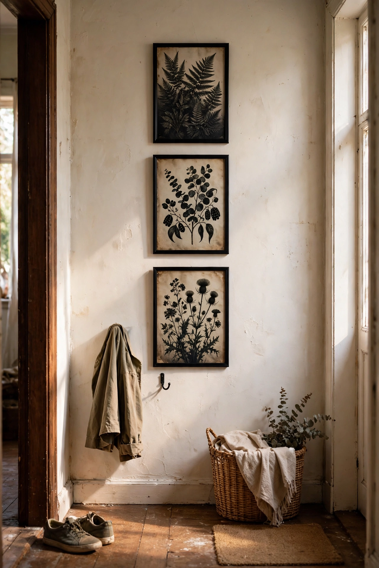 Dark botanical prints in black frames hung in a hallway