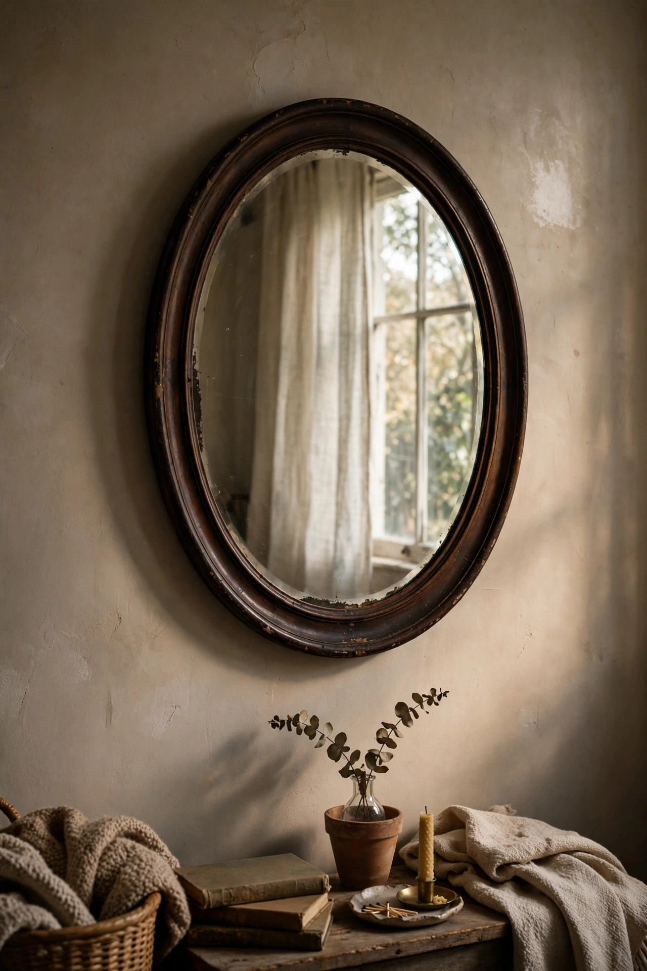 Oval vintage mirror with a dark stained wooden frame opposite a window