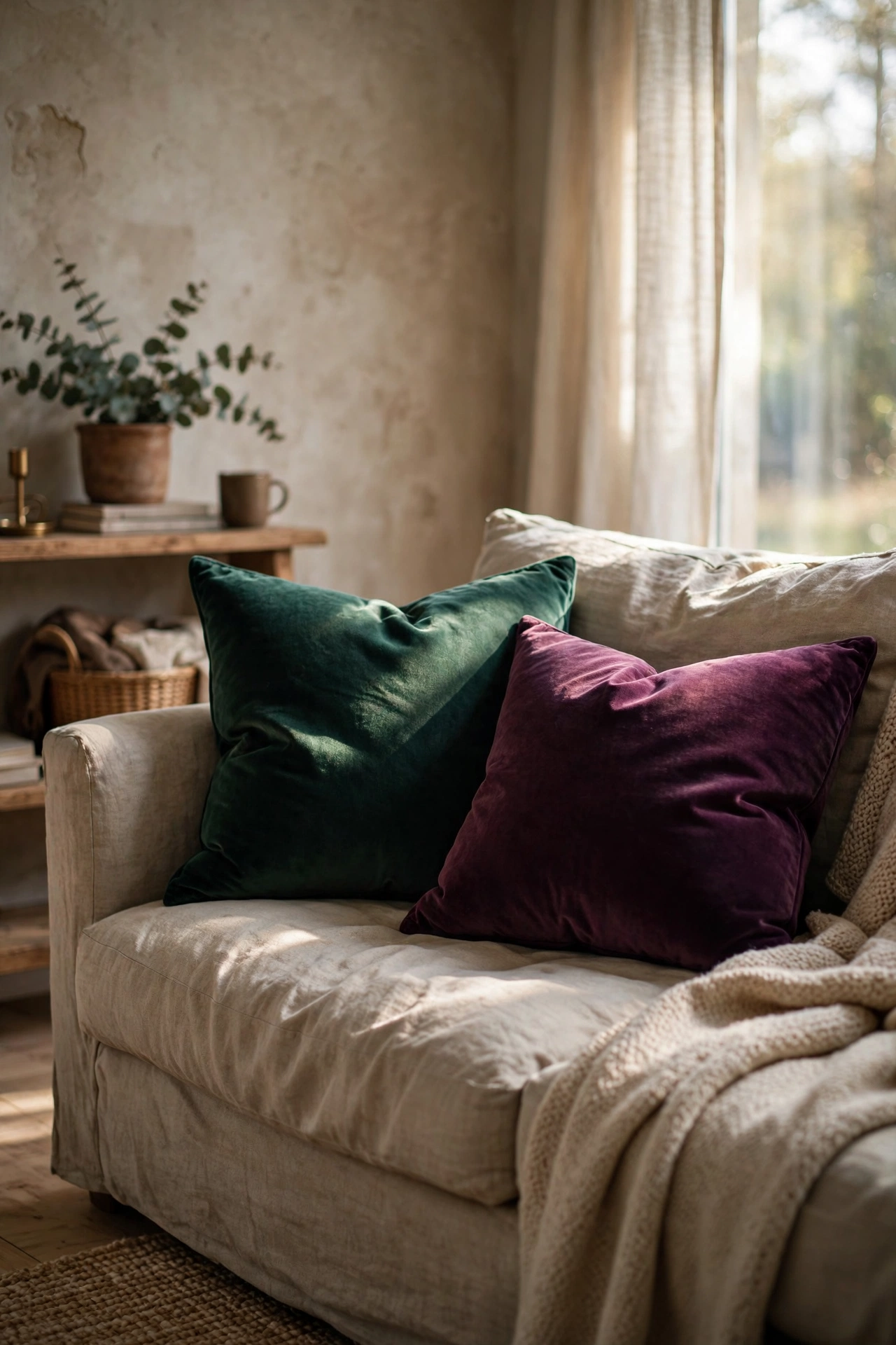 Neutral sofa with emerald and aubergine velvet cushions