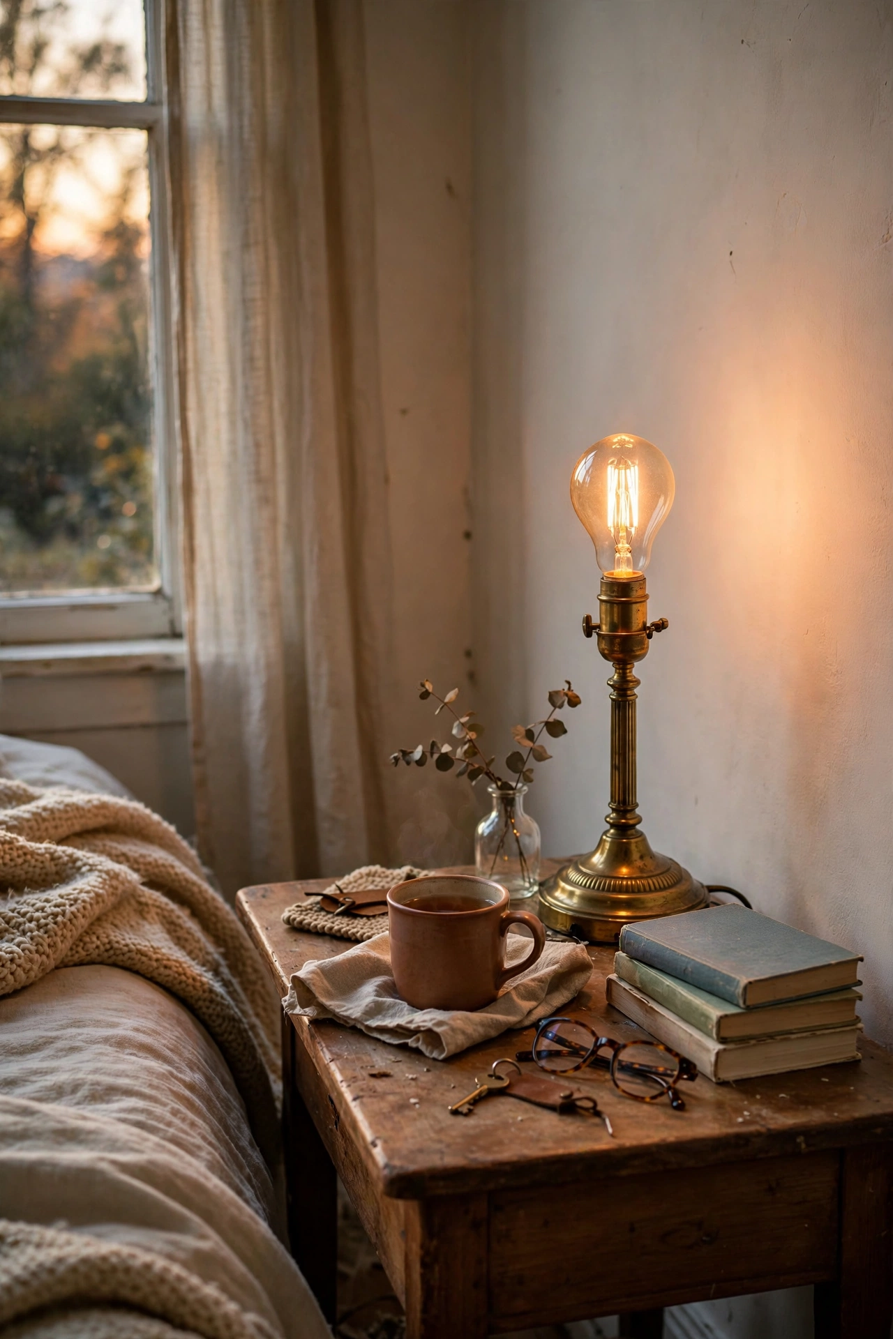 Thrifted brass lamp base with an exposed warm Edison bulb