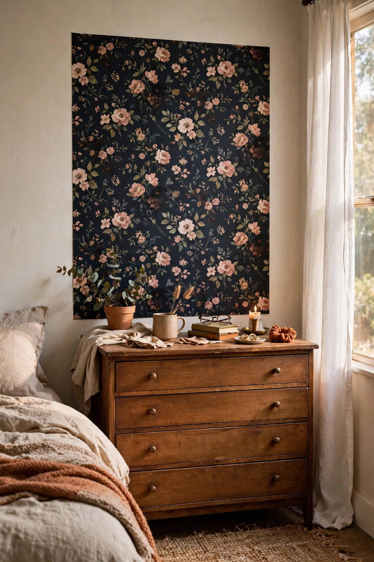 Dark floral peel-and-stick wallpaper panel behind a bedroom dresser
