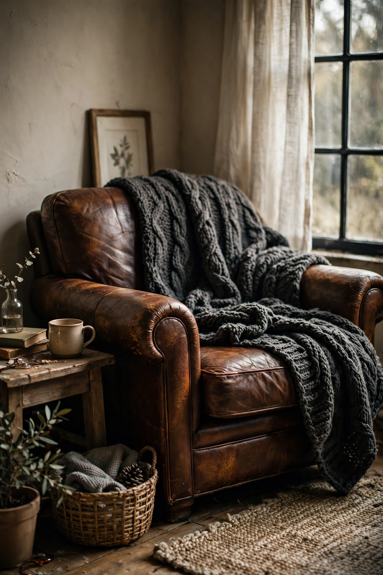 Charcoal chunky knit throw draped over a leather armchair