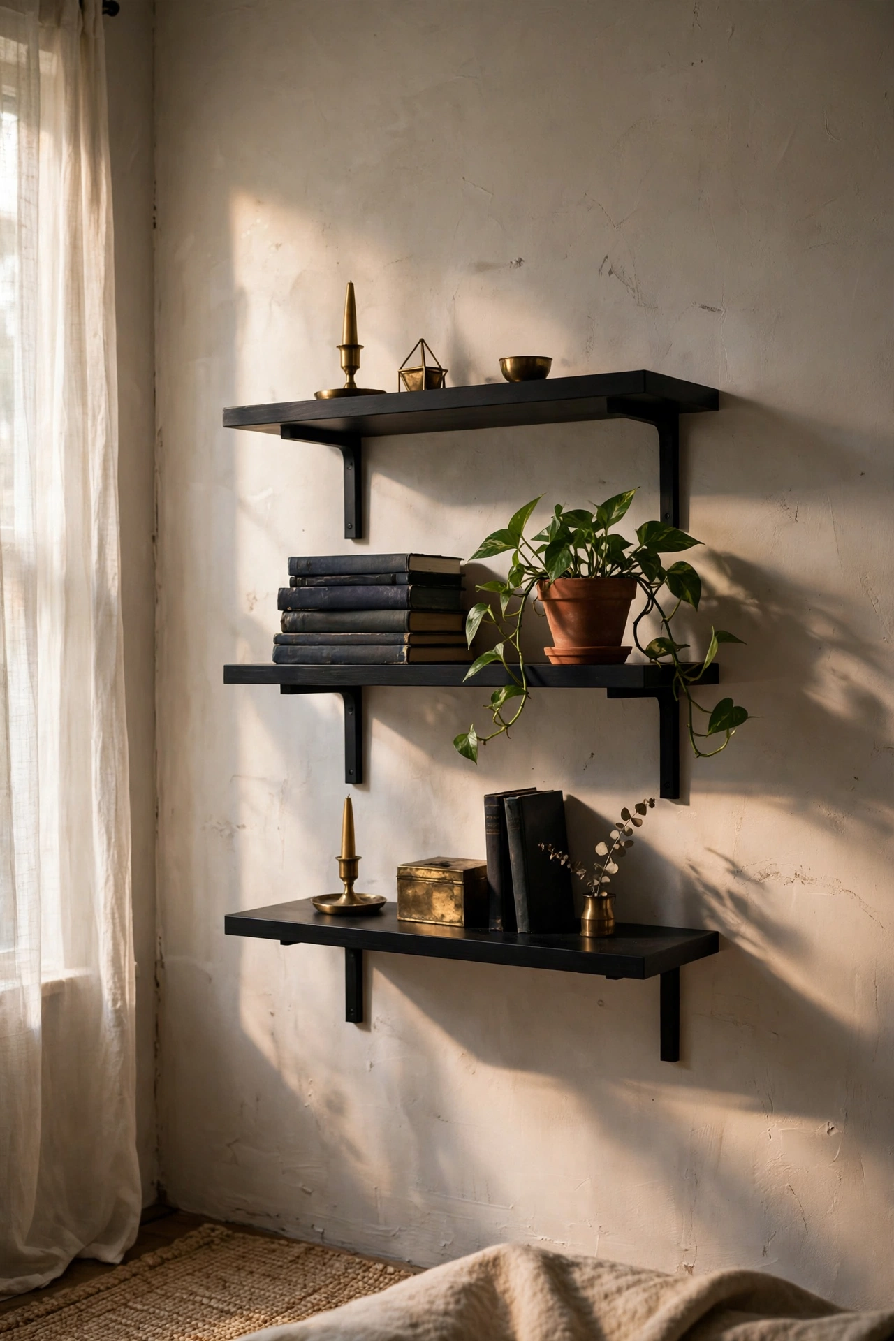 Black floating shelves styled sparsely with brass objects and books