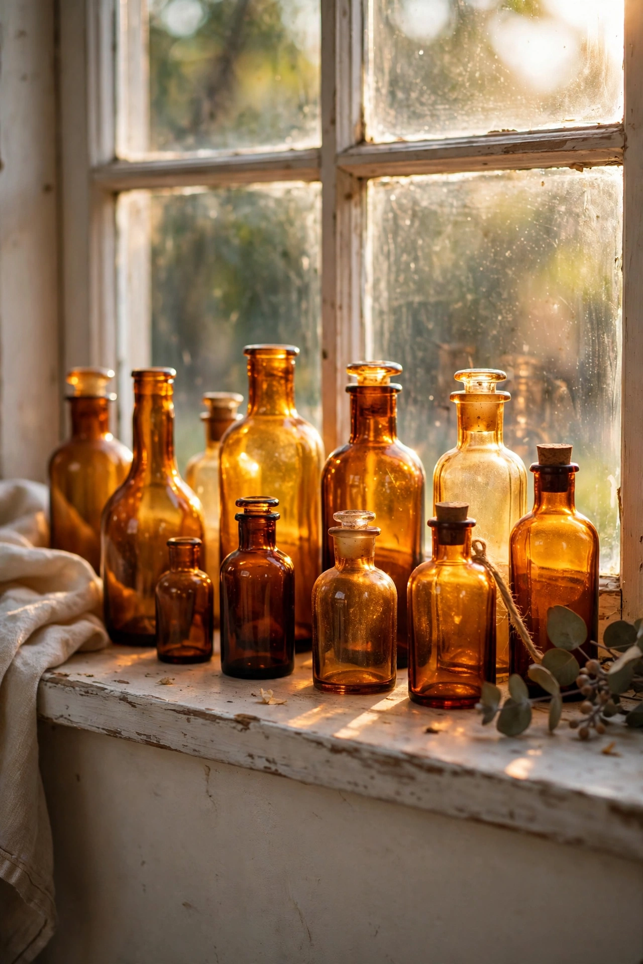 Collection of amber glass bottles glowing on a windowsill