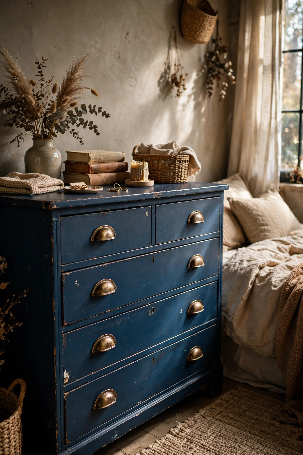 Thrifted dresser painted deep ink blue with brass cup pulls