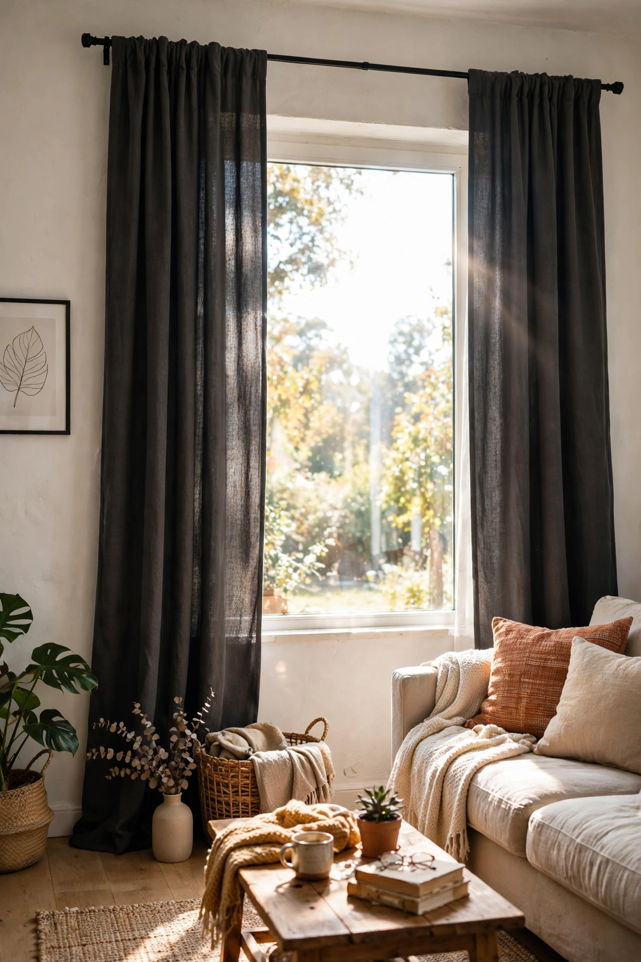 Tall charcoal curtain panels hung high on a living room window