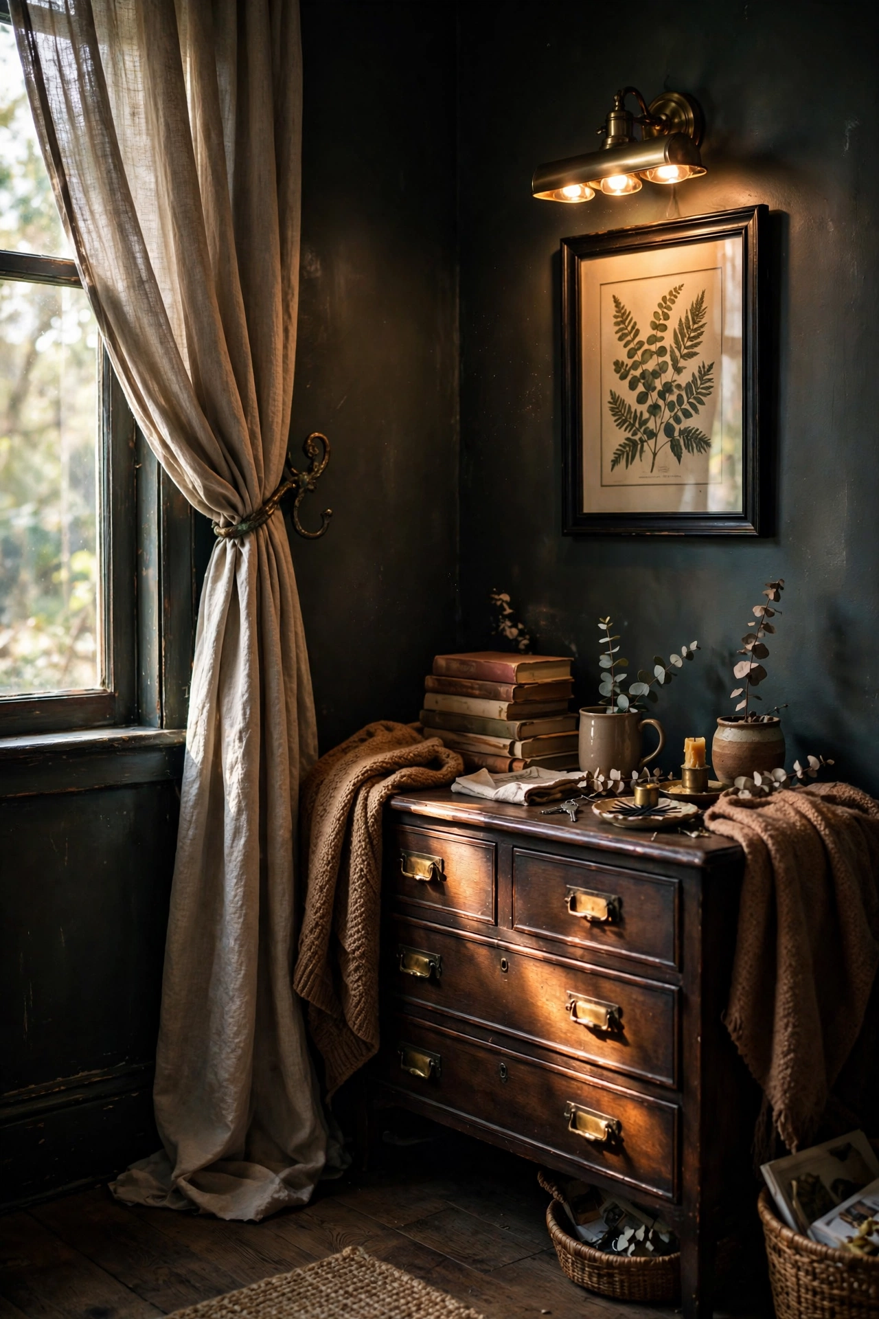 Moody living room with aged brass accents on tie-backs and pulls