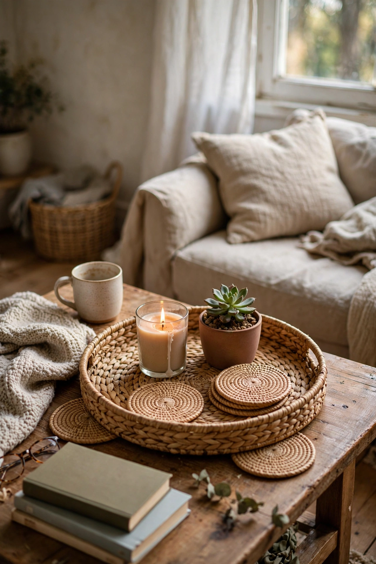 Round seagrass tray styled with candle and succulent on a coffee table