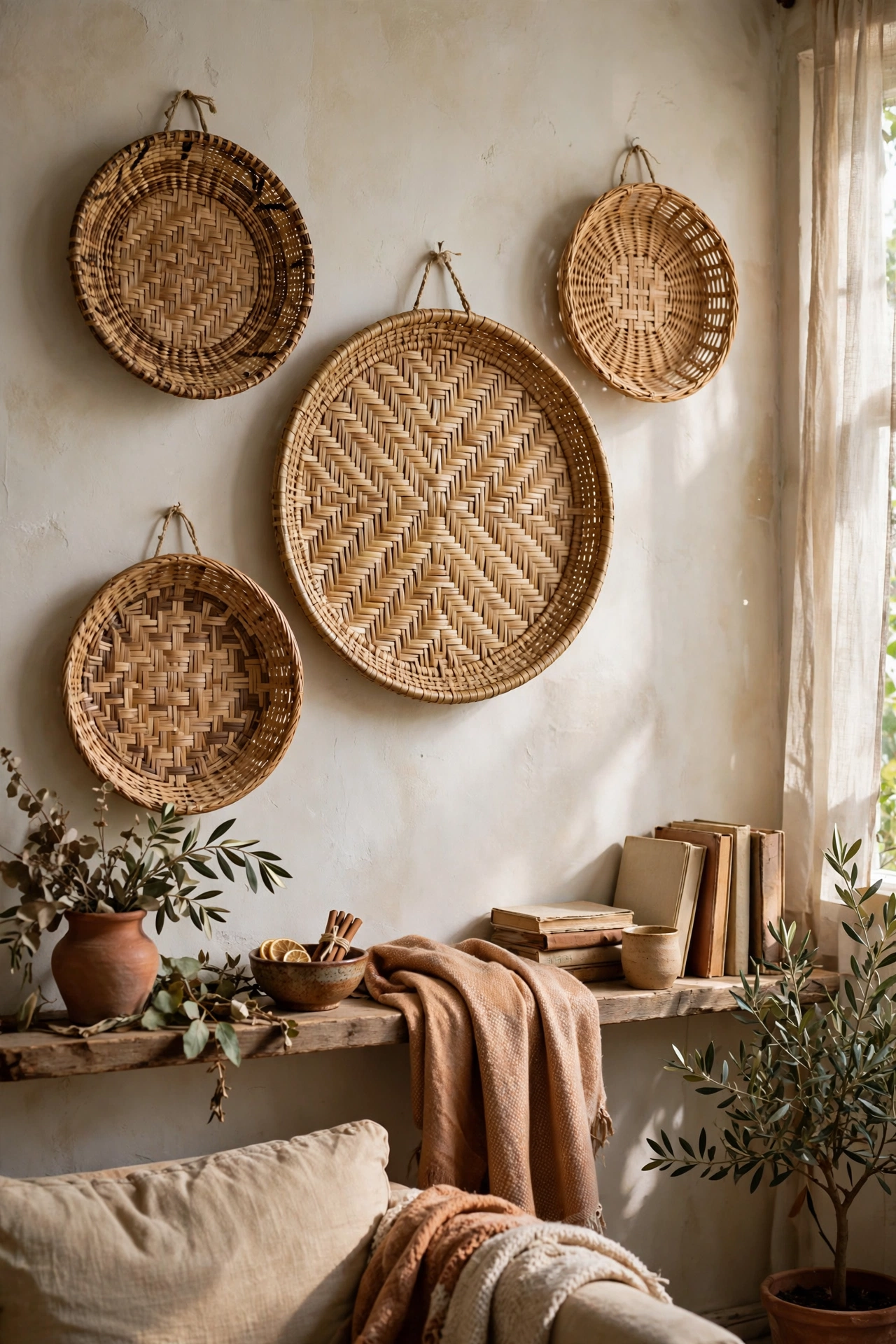 Flat woven basket hung on a wall as natural art