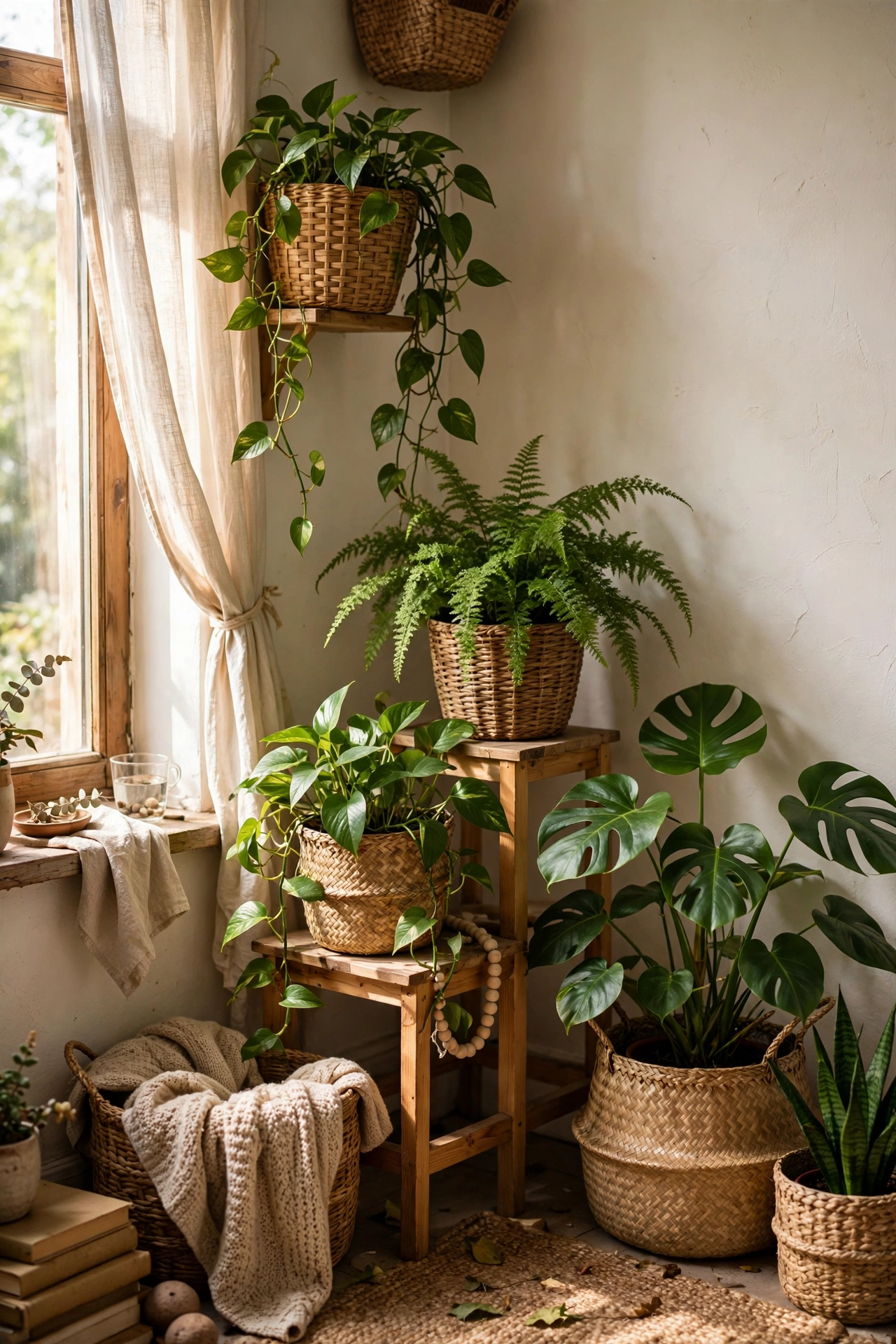 Houseplants in woven basket planter covers grouped in a corner
