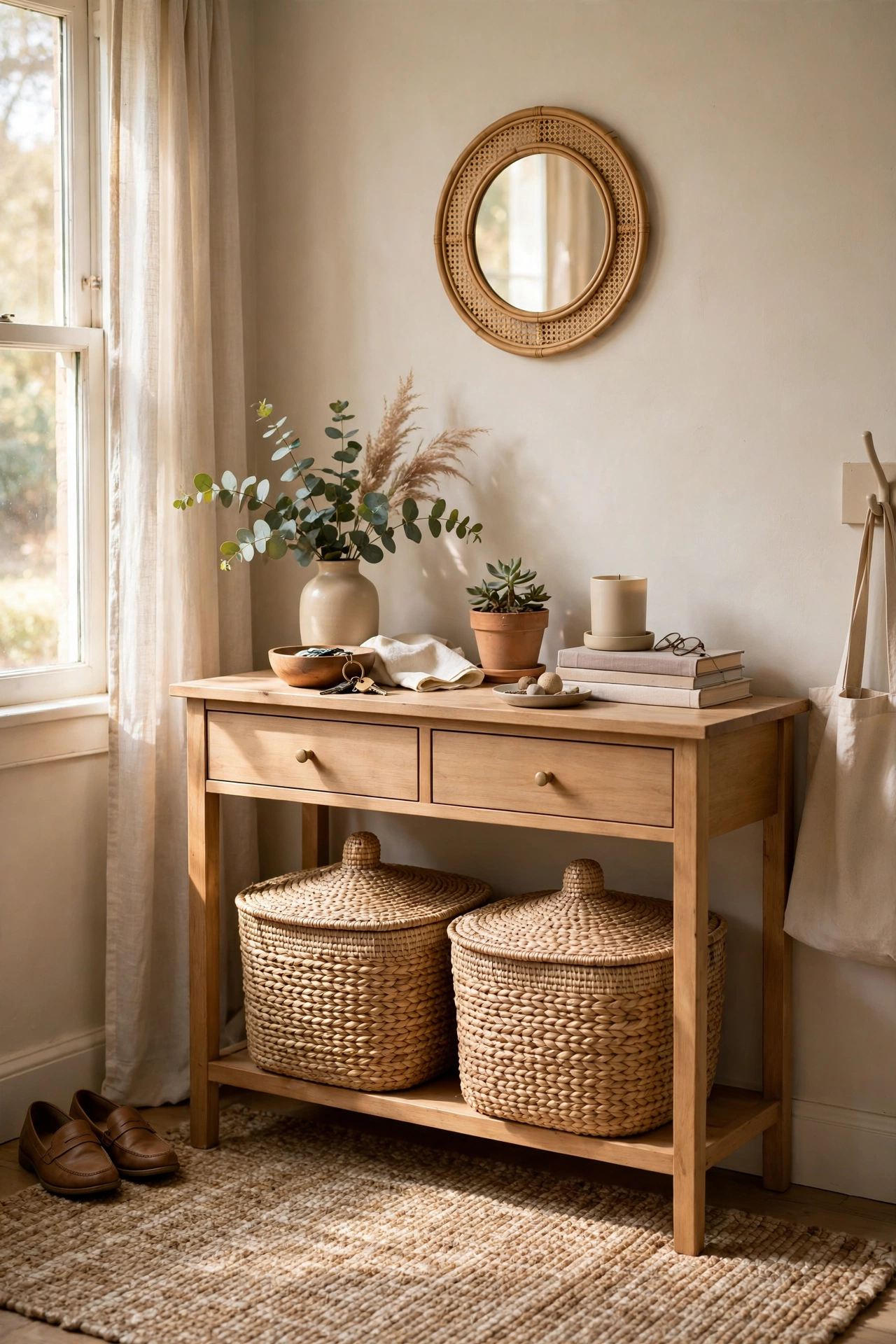 Two matching baskets under a console table hiding everyday clutter