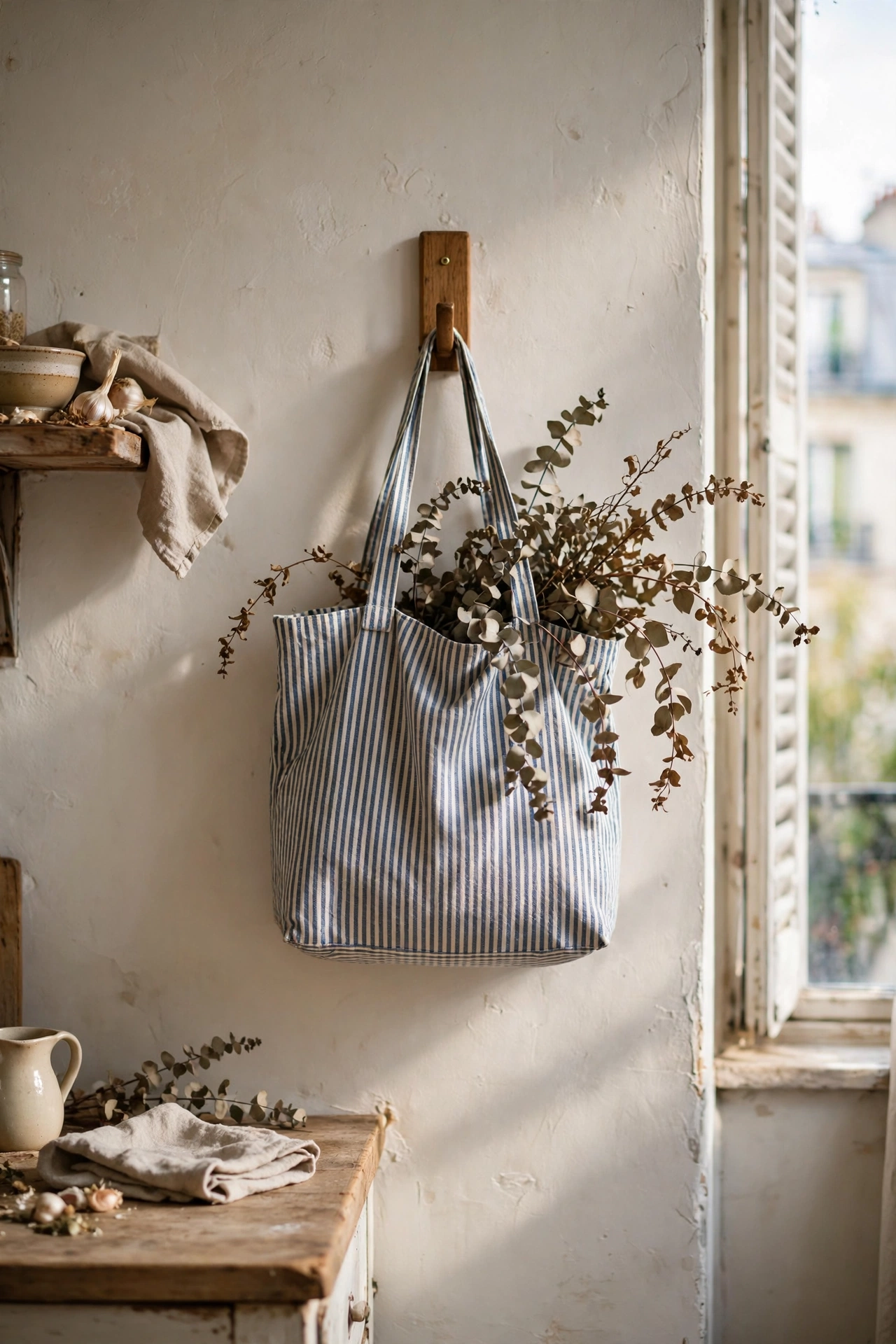 French market tote hung on a kitchen wall hook with dried eucalyptus