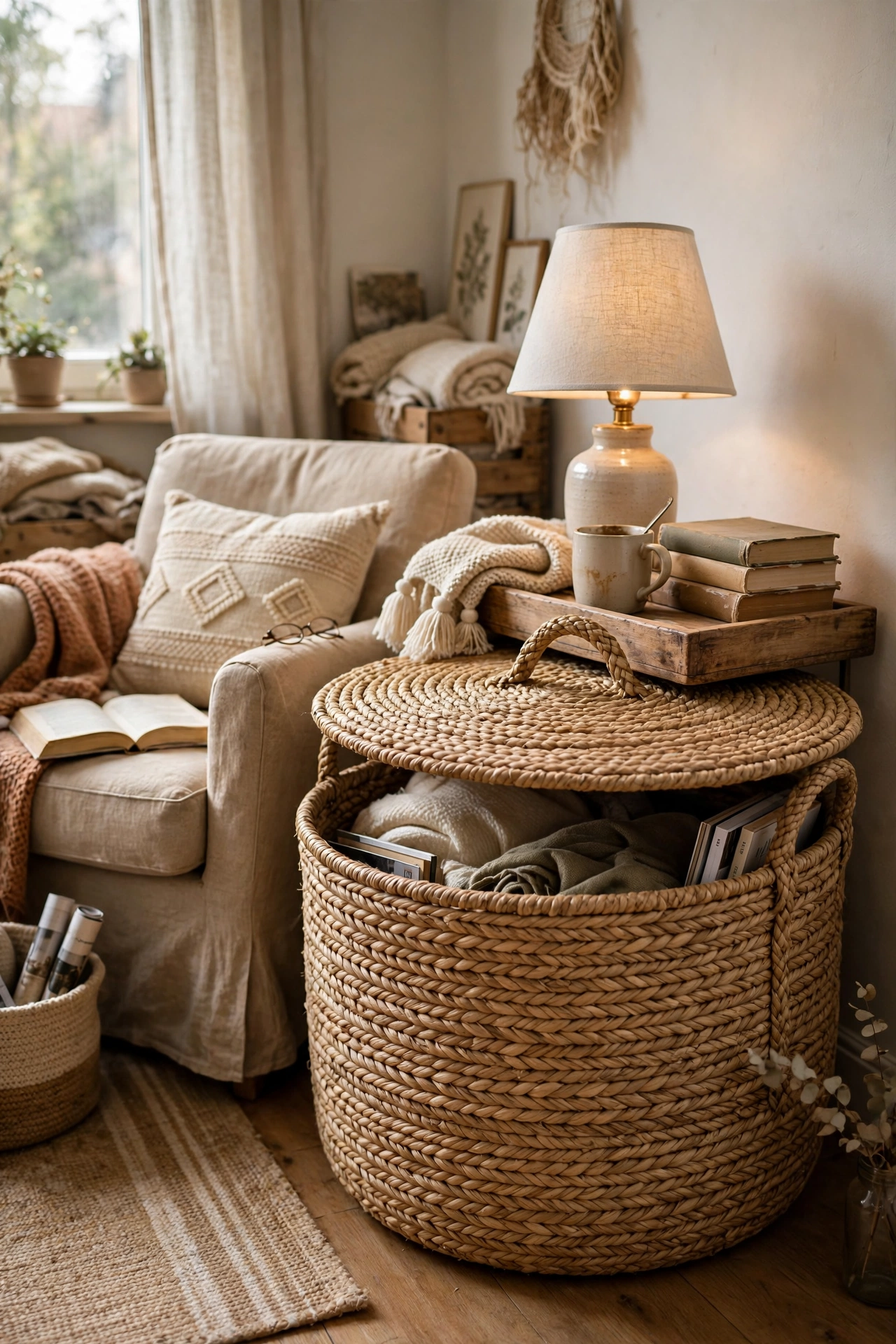 Large lidded seagrass basket used as a side table with a wooden tray