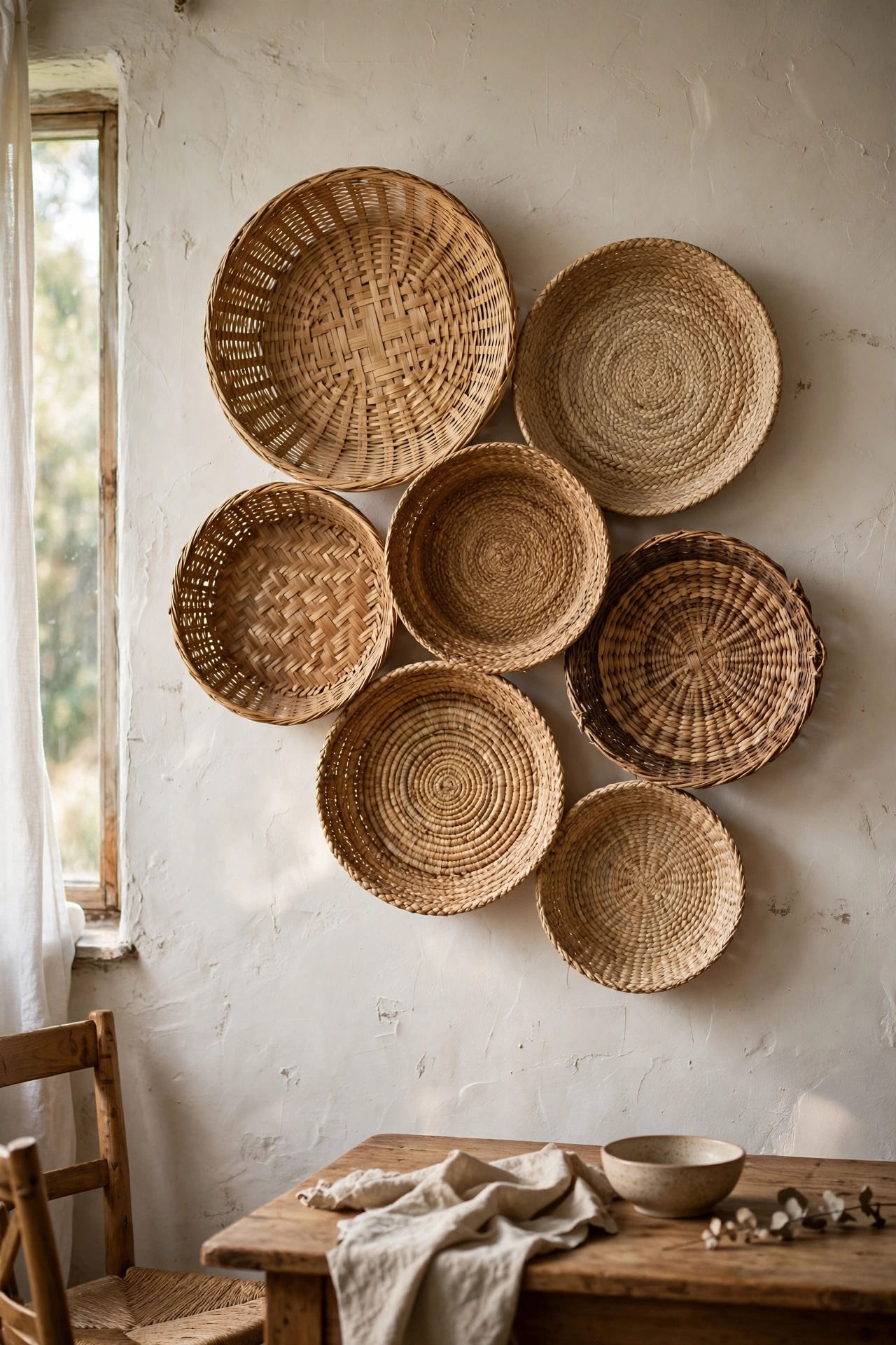 Organic cluster of flat woven baskets as a gallery wall