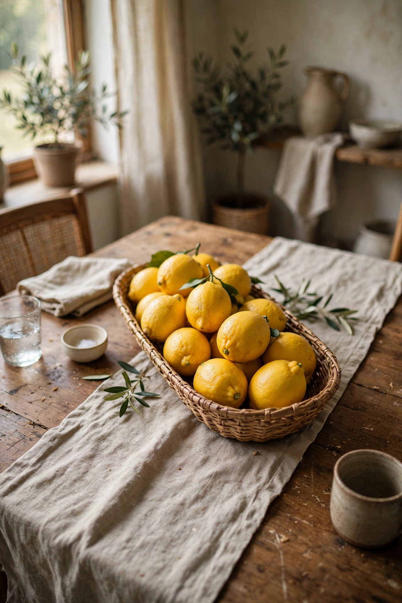 Long woven bread basket centrepiece with seasonal lemons on a table