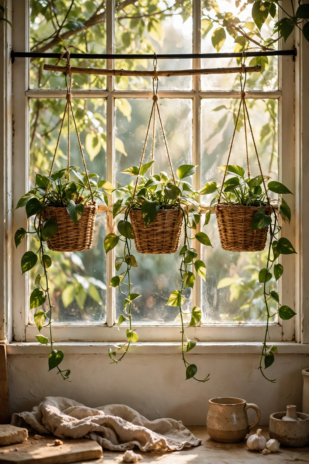 Small baskets hung as planters with trailing pothos in a kitchen window