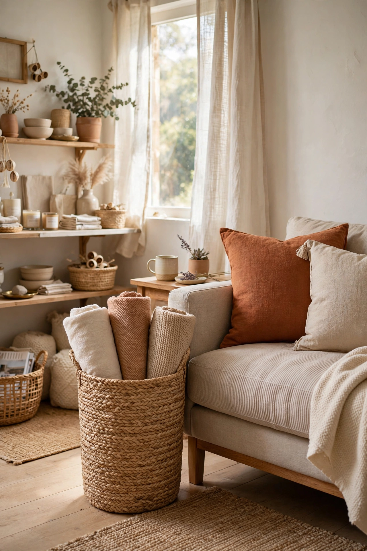 Tall seagrass basket holding rolled throws beside a sofa