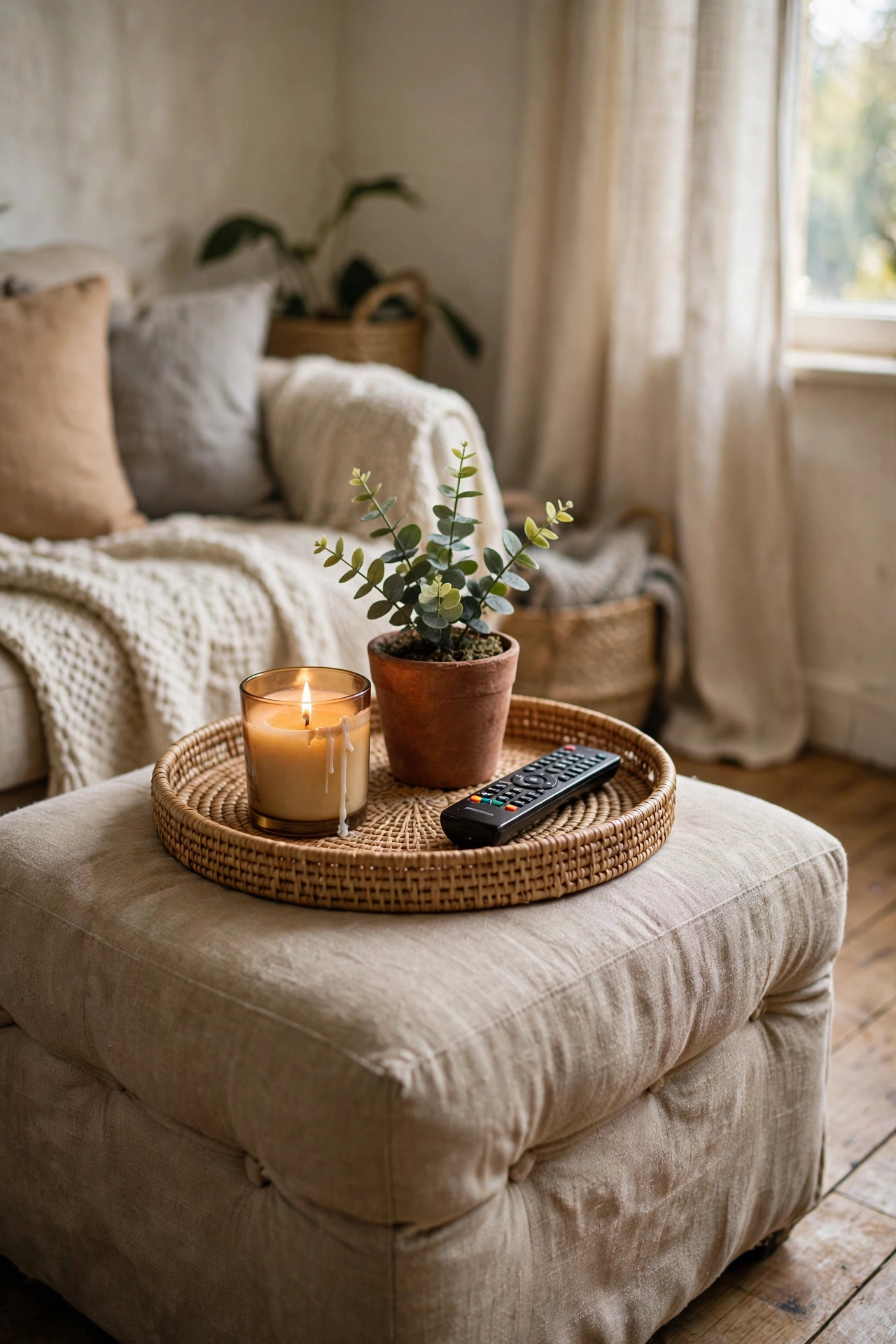 Round woven tray styled on an ottoman with candle and plant