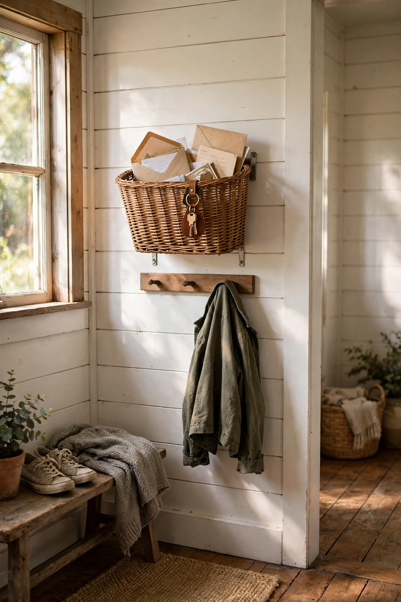Wicker bike basket mounted on a hallway wall holding mail