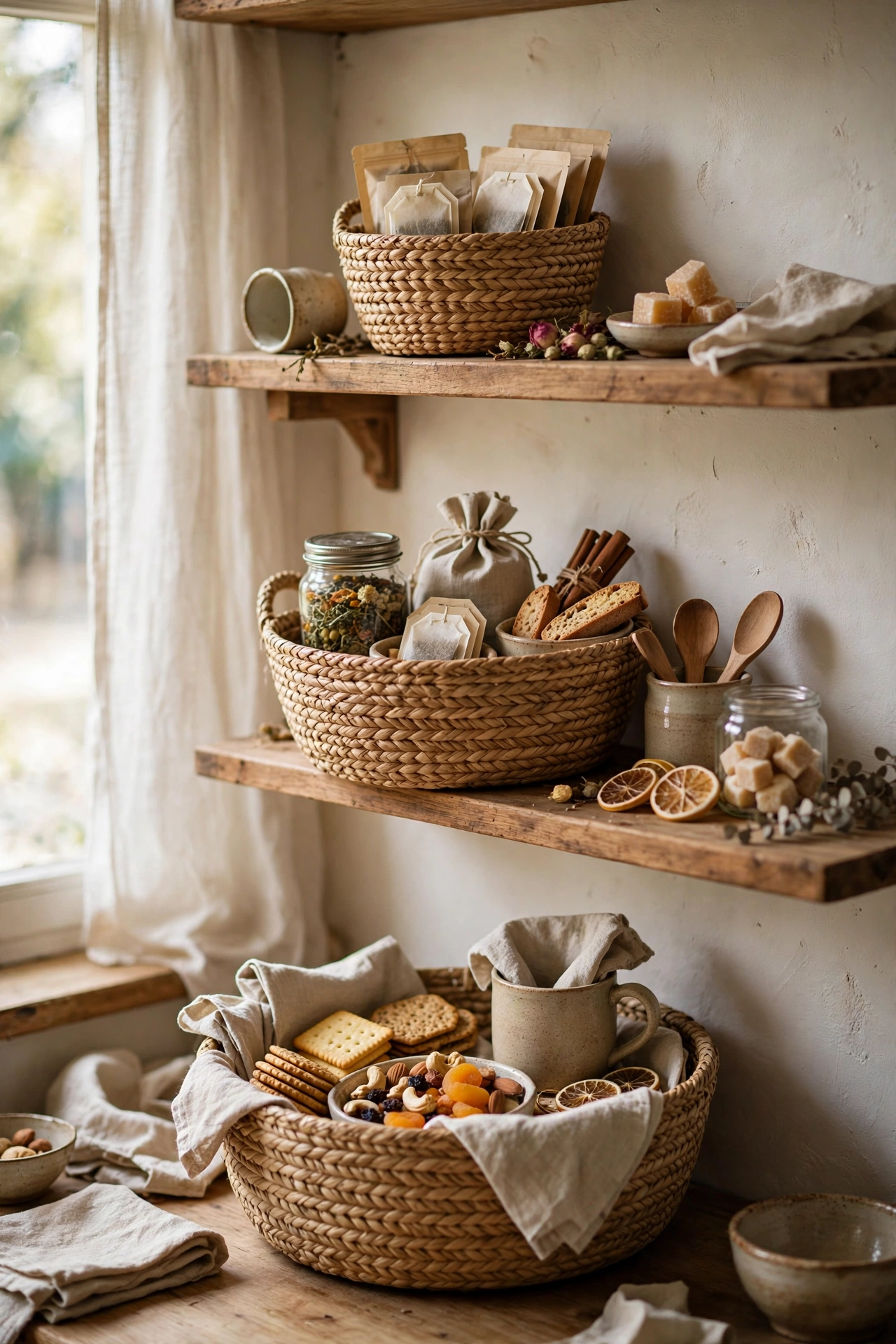 Set of nesting baskets on open kitchen shelves for tidy storage
