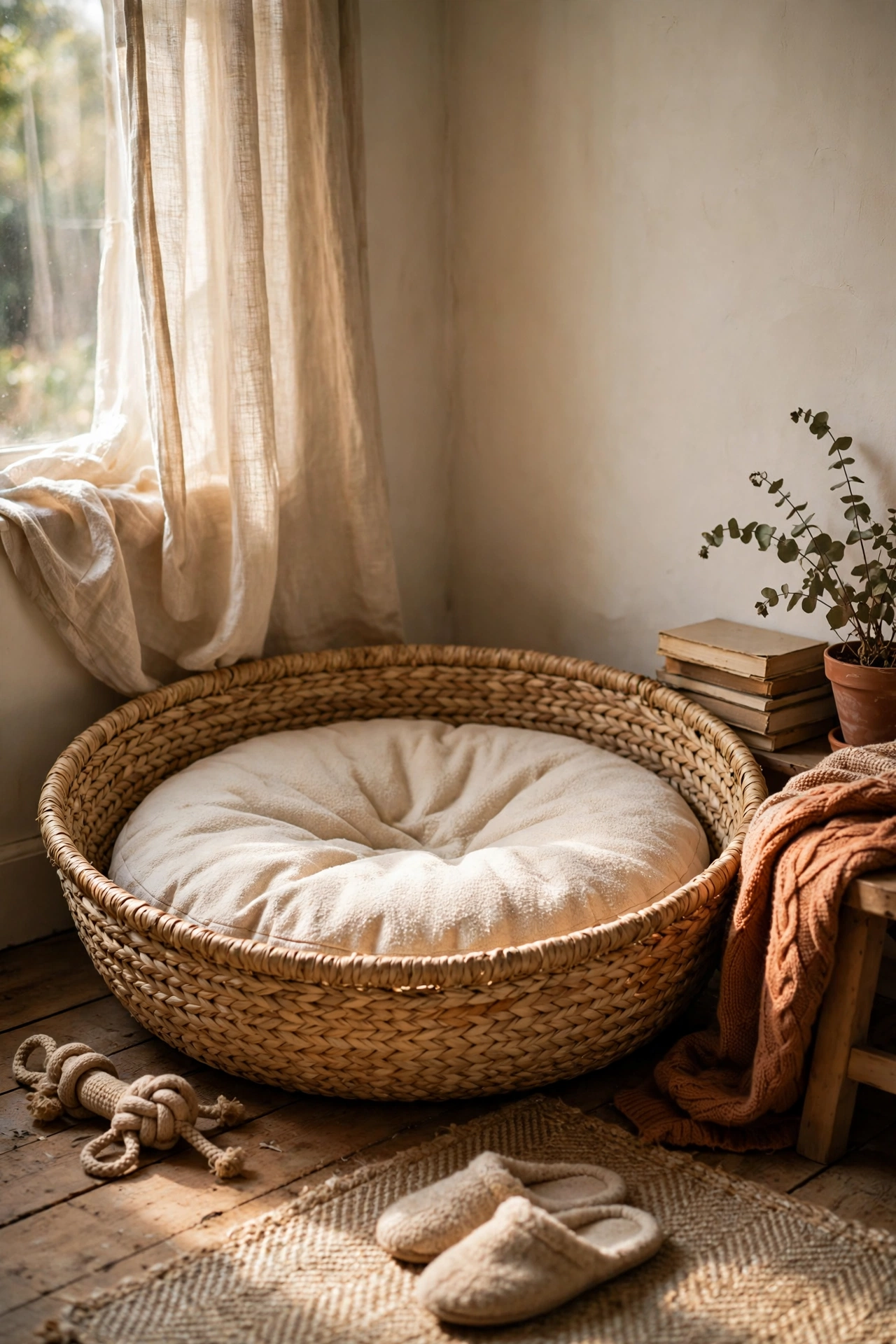 Large flat basket with a cushion as a stylish pet bed
