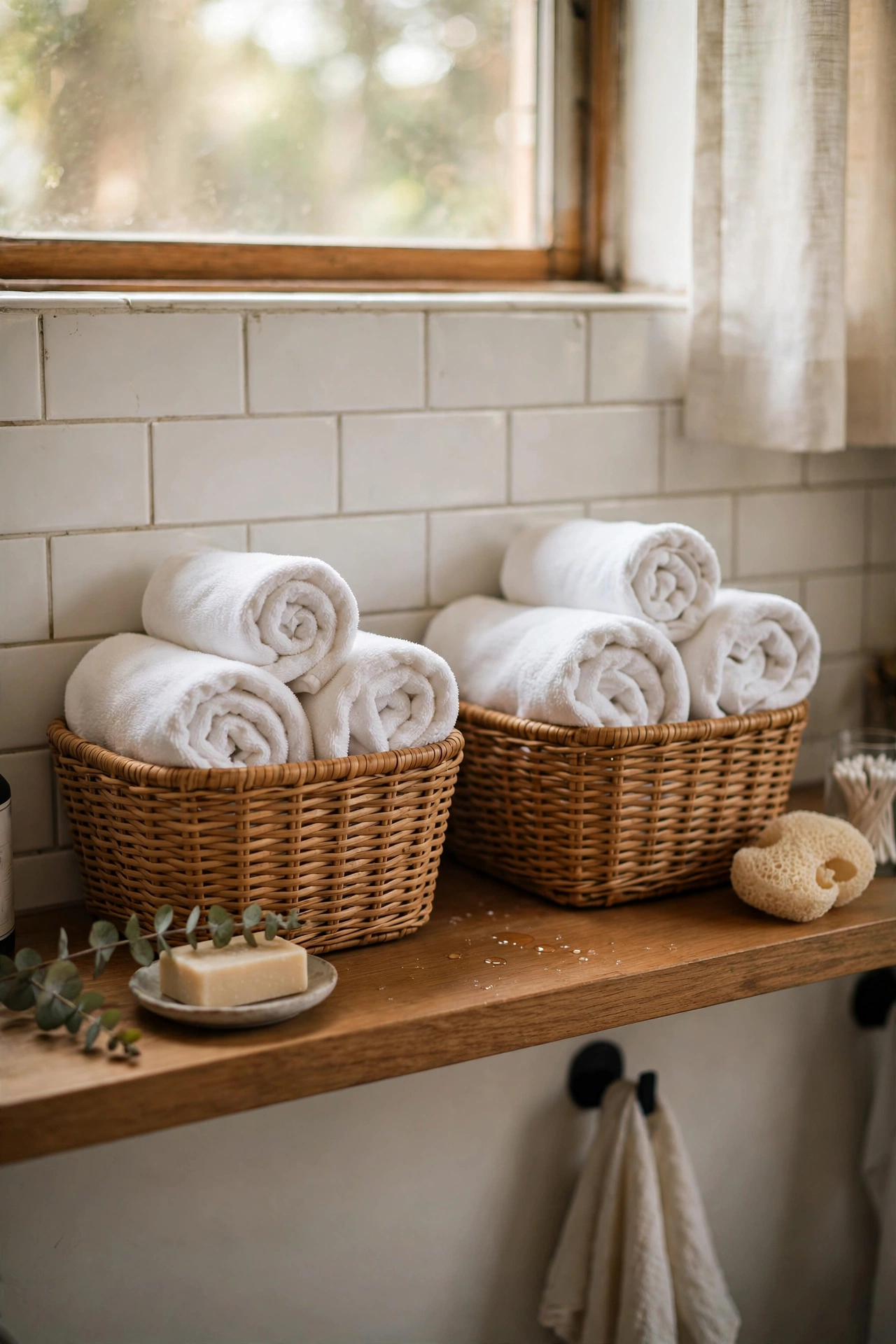 Bathroom shelf with baskets of rolled white towels like a spa