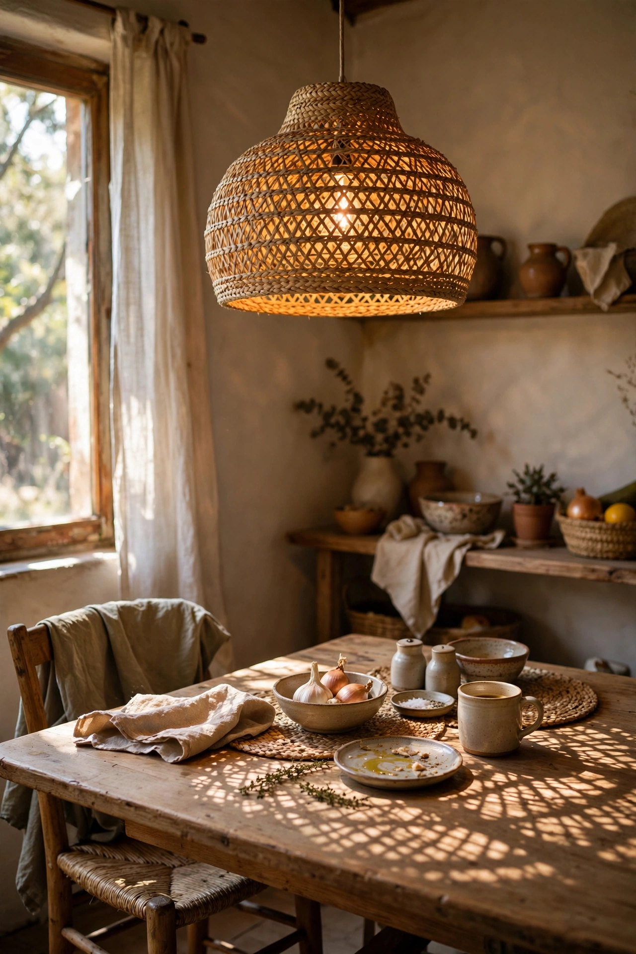Woven seagrass basket pendant light shade over a dining table