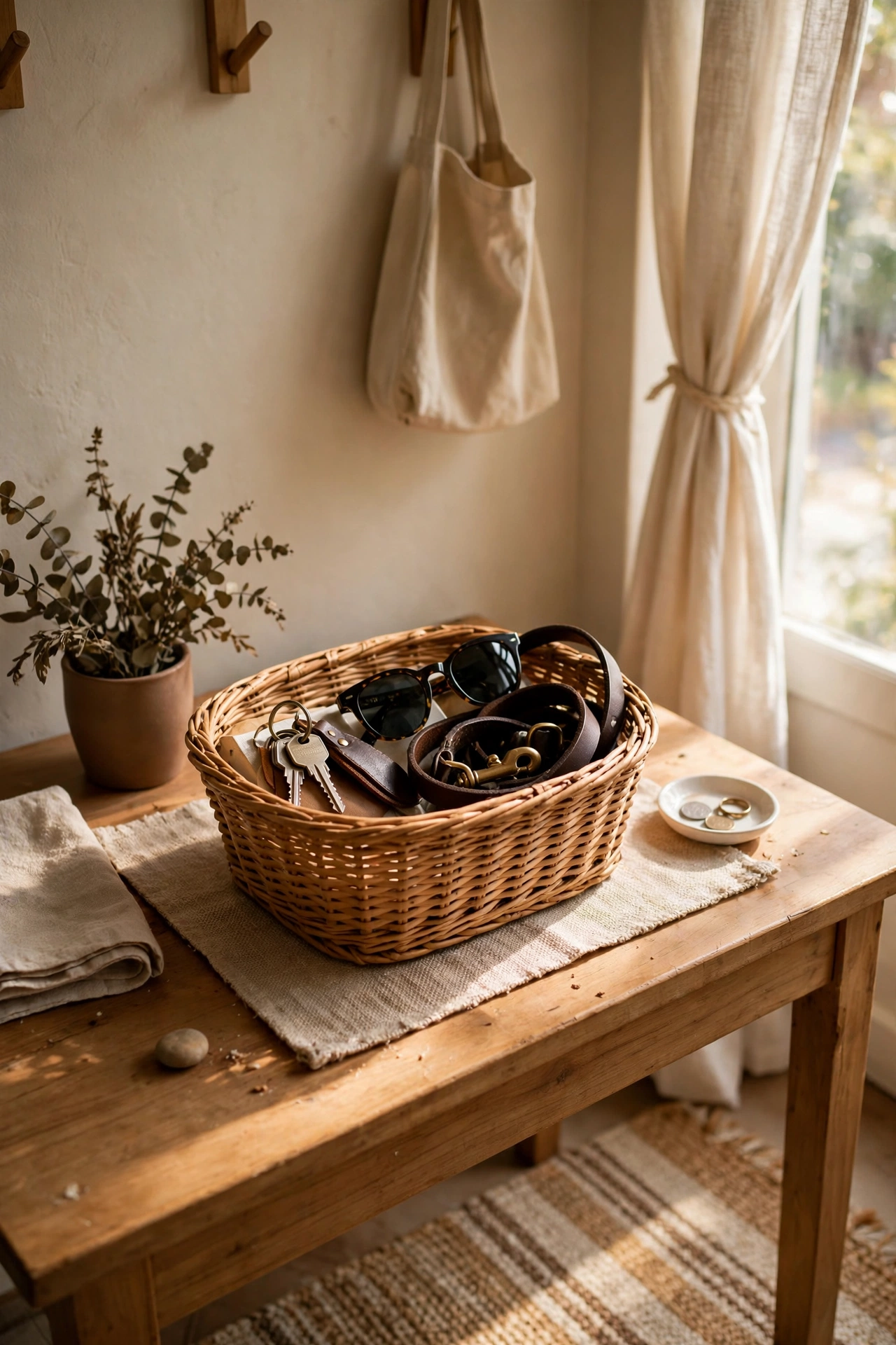 Medium basket on an entryway table catching keys and sunglasses