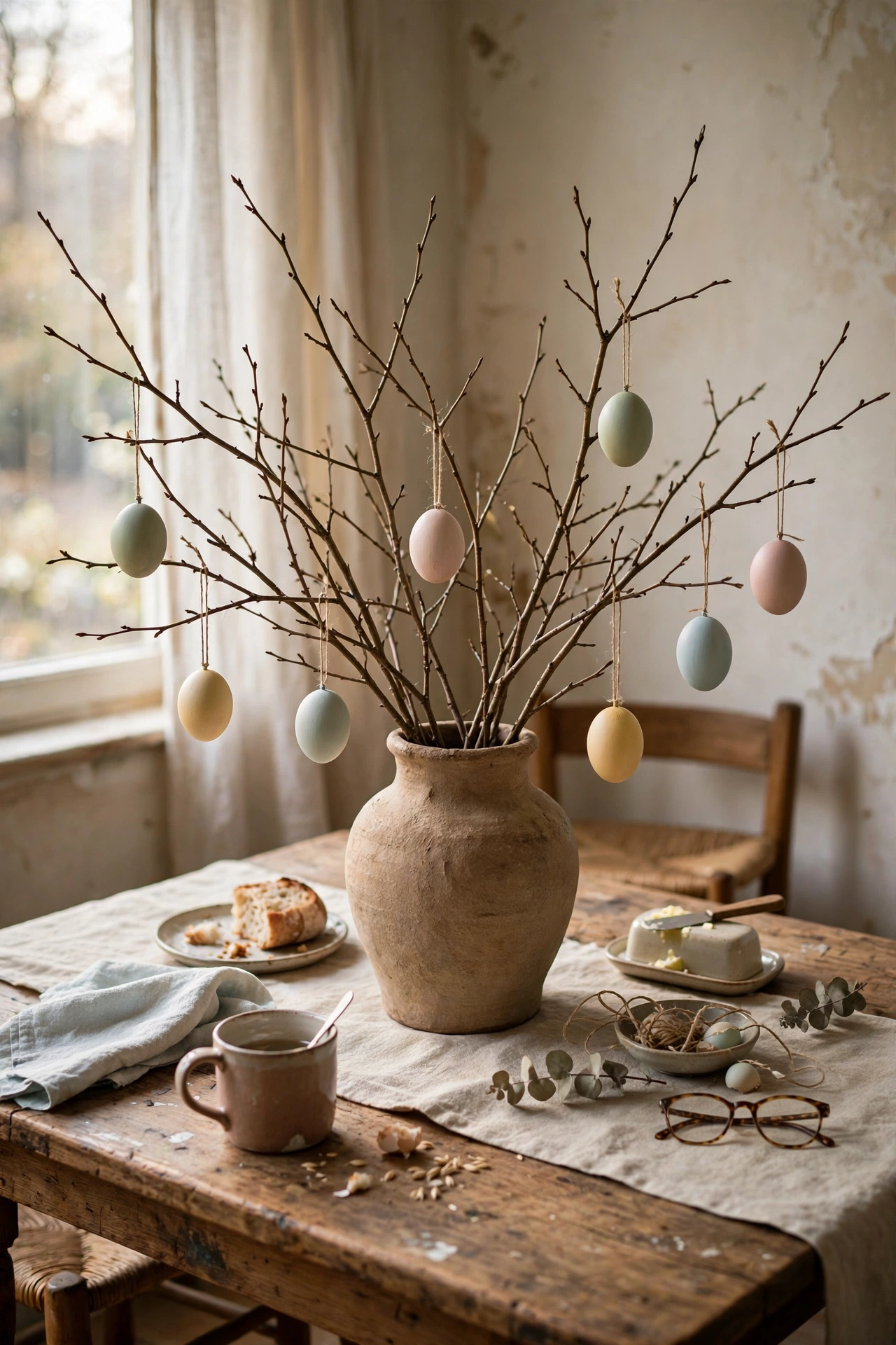 Bare branches in a vase with hanging painted eggs as an Easter egg tree