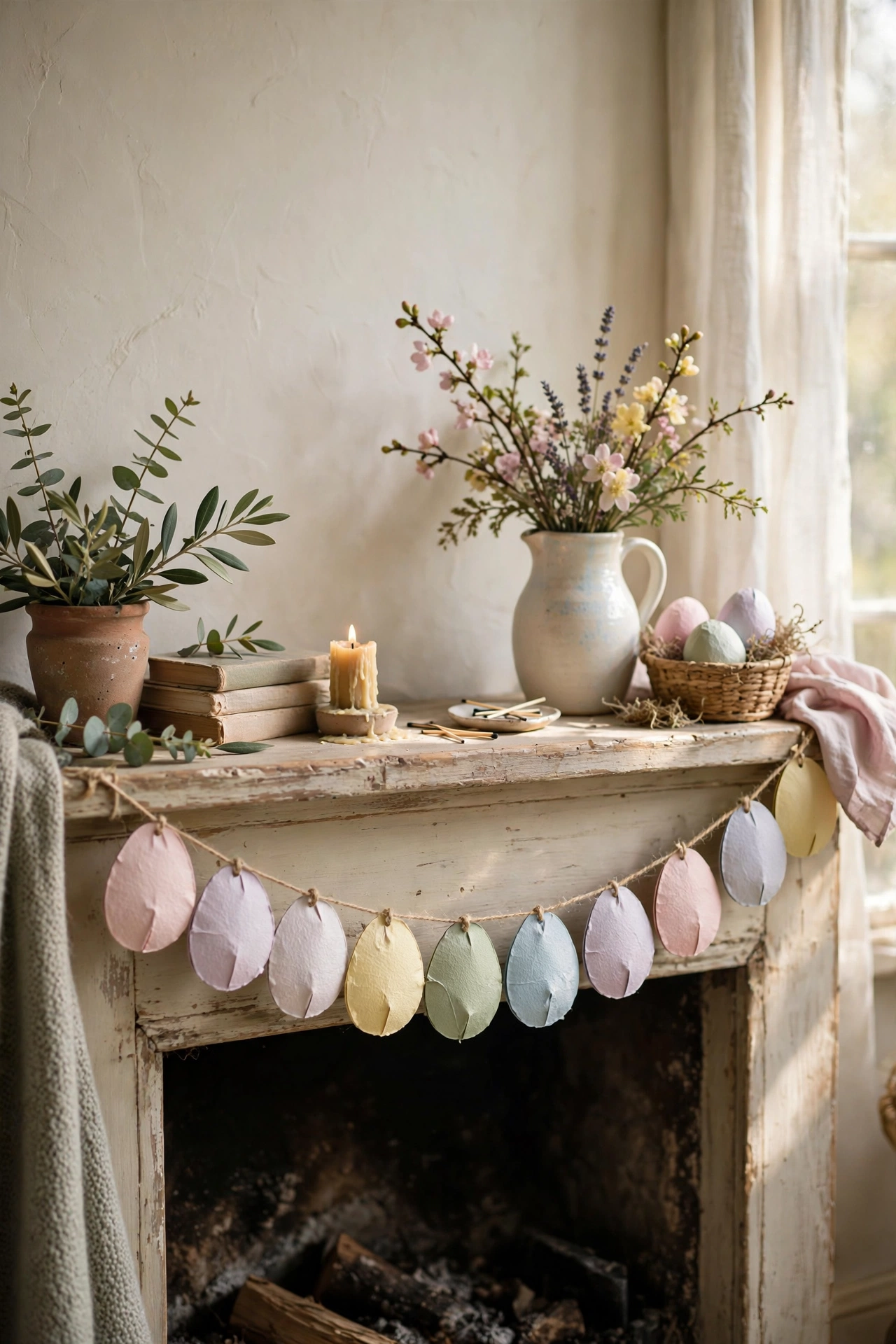 Muted pastel paper egg garland strung on twine across a mantel