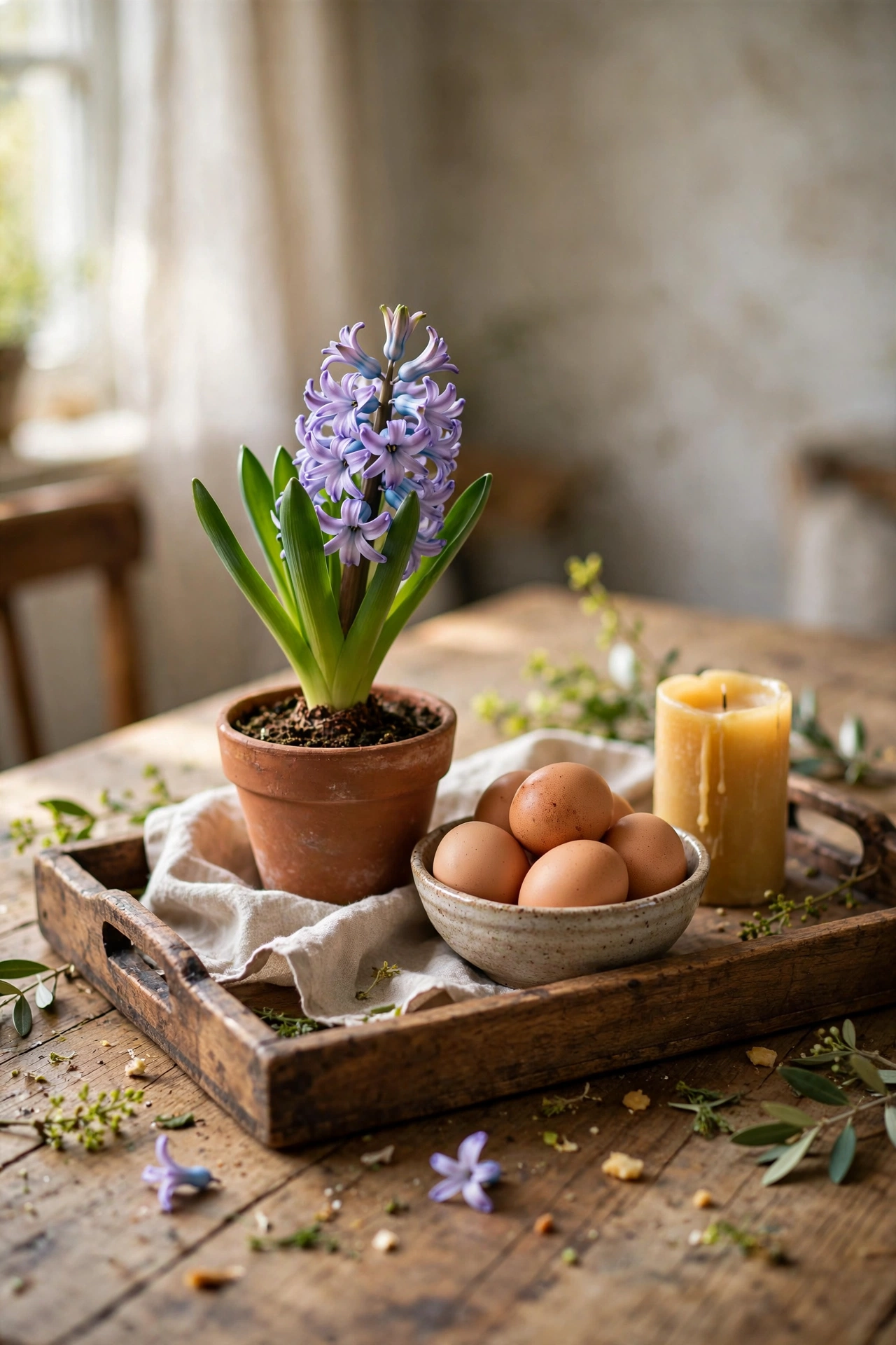 Wooden tray styled with a hyacinth, natural eggs and a candle