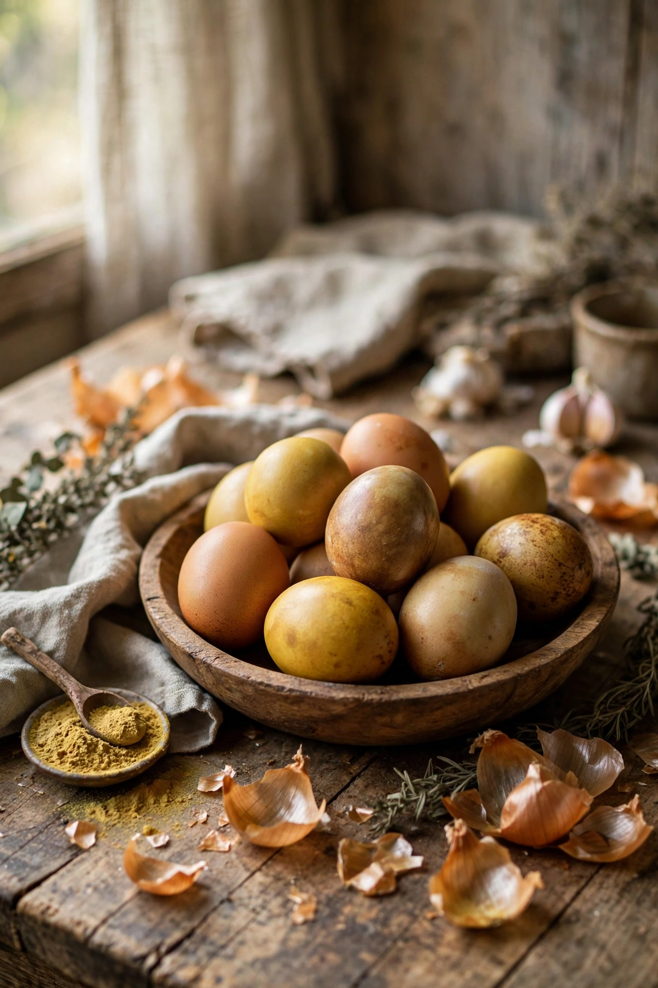 Wooden bowl of eggs naturally dyed in muted earthy tones