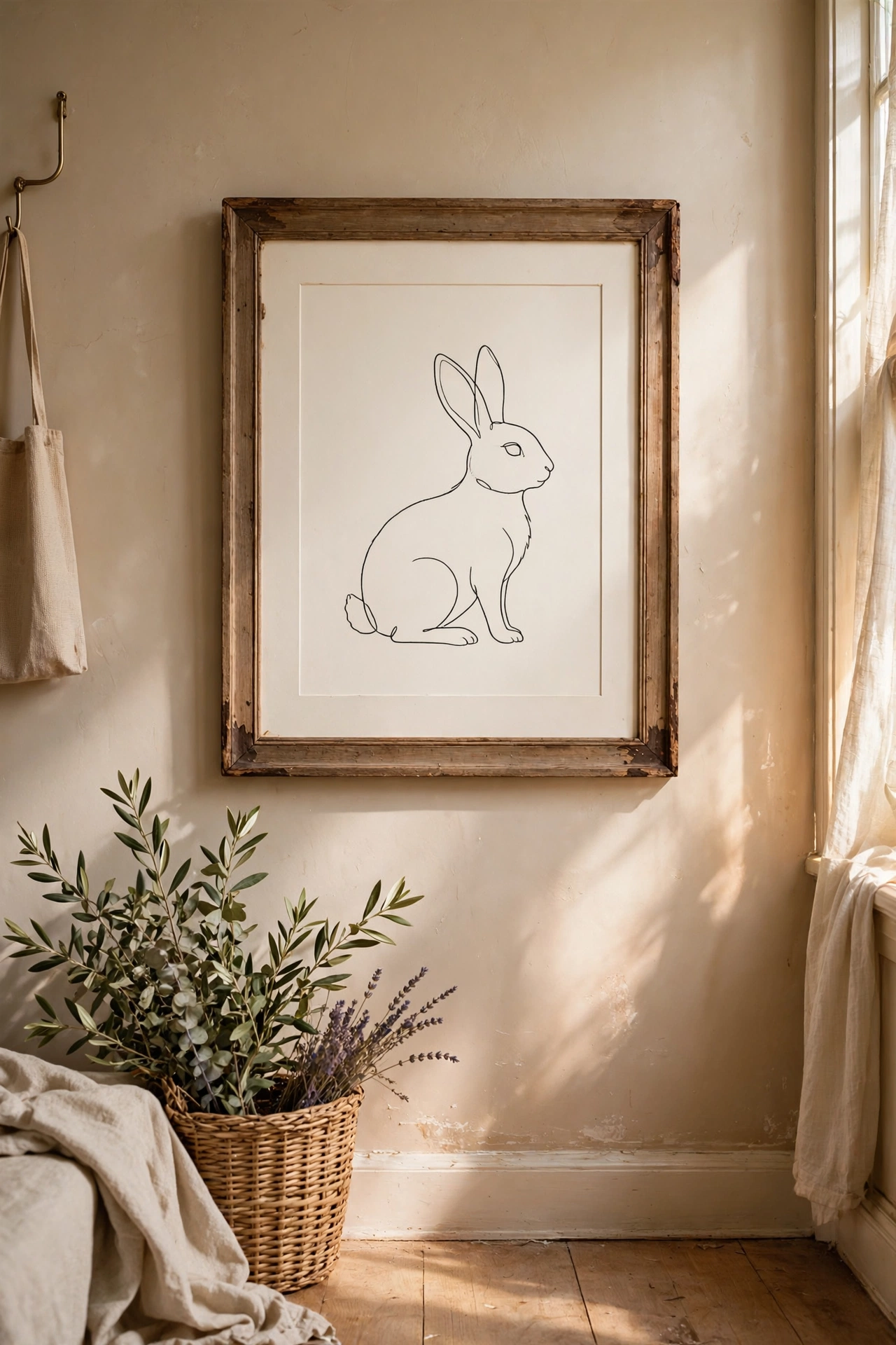 Minimal bunny line art in a thrifted wooden frame in a hallway