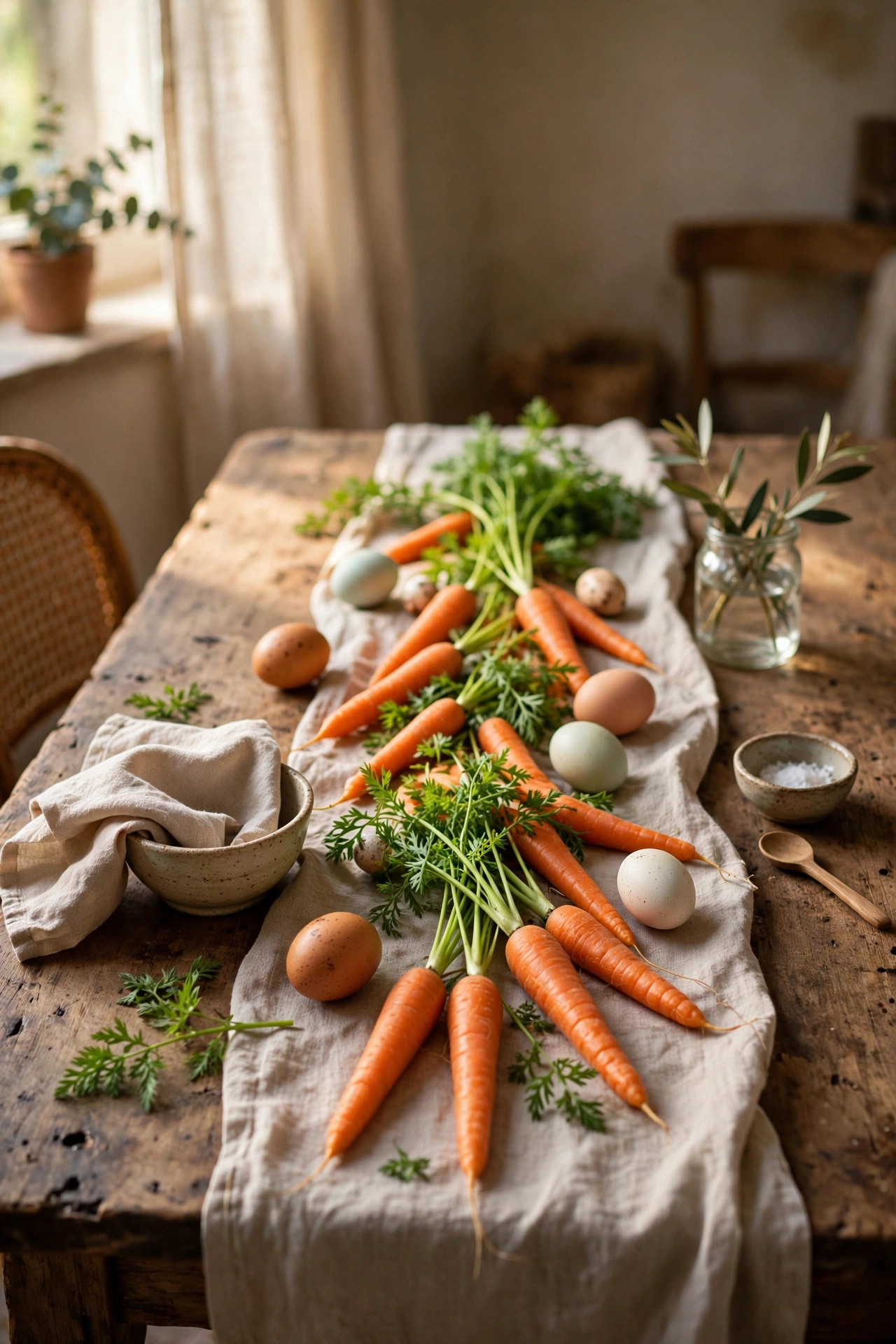 Fresh carrots with tops laid as a table runner with eggs