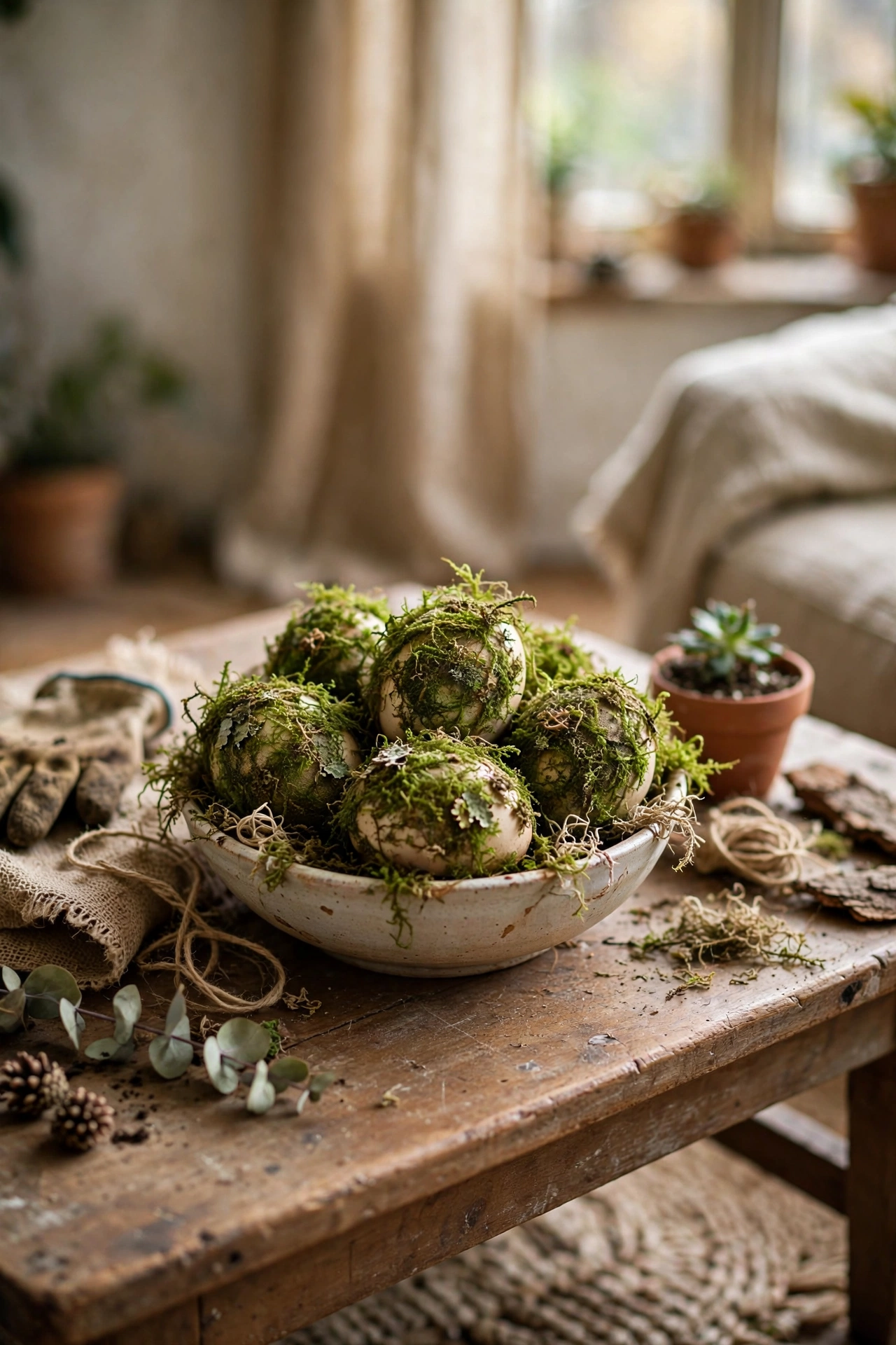Foam eggs covered in natural sheet moss in a bowl