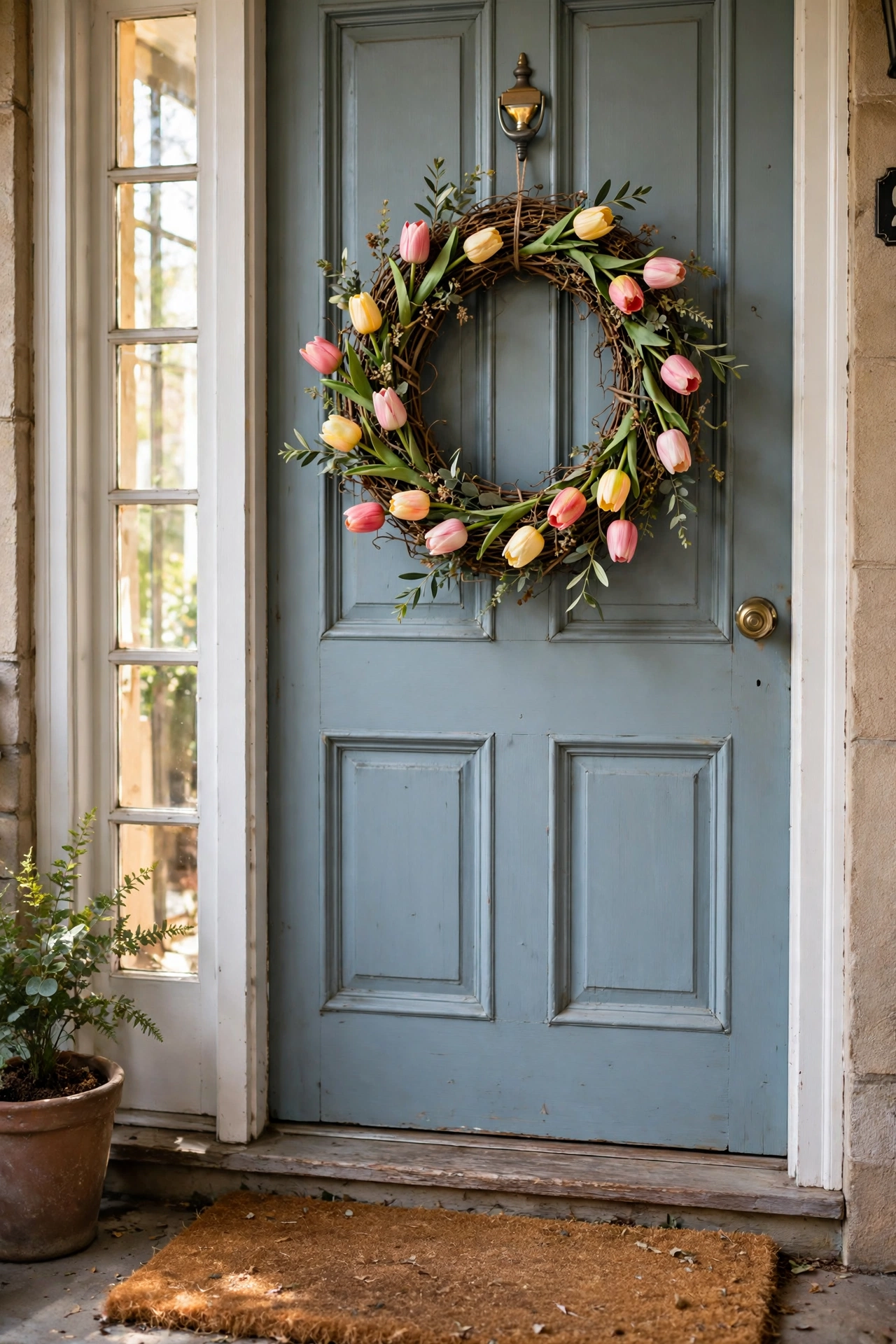 Grapevine wreath with faux tulips on a front door