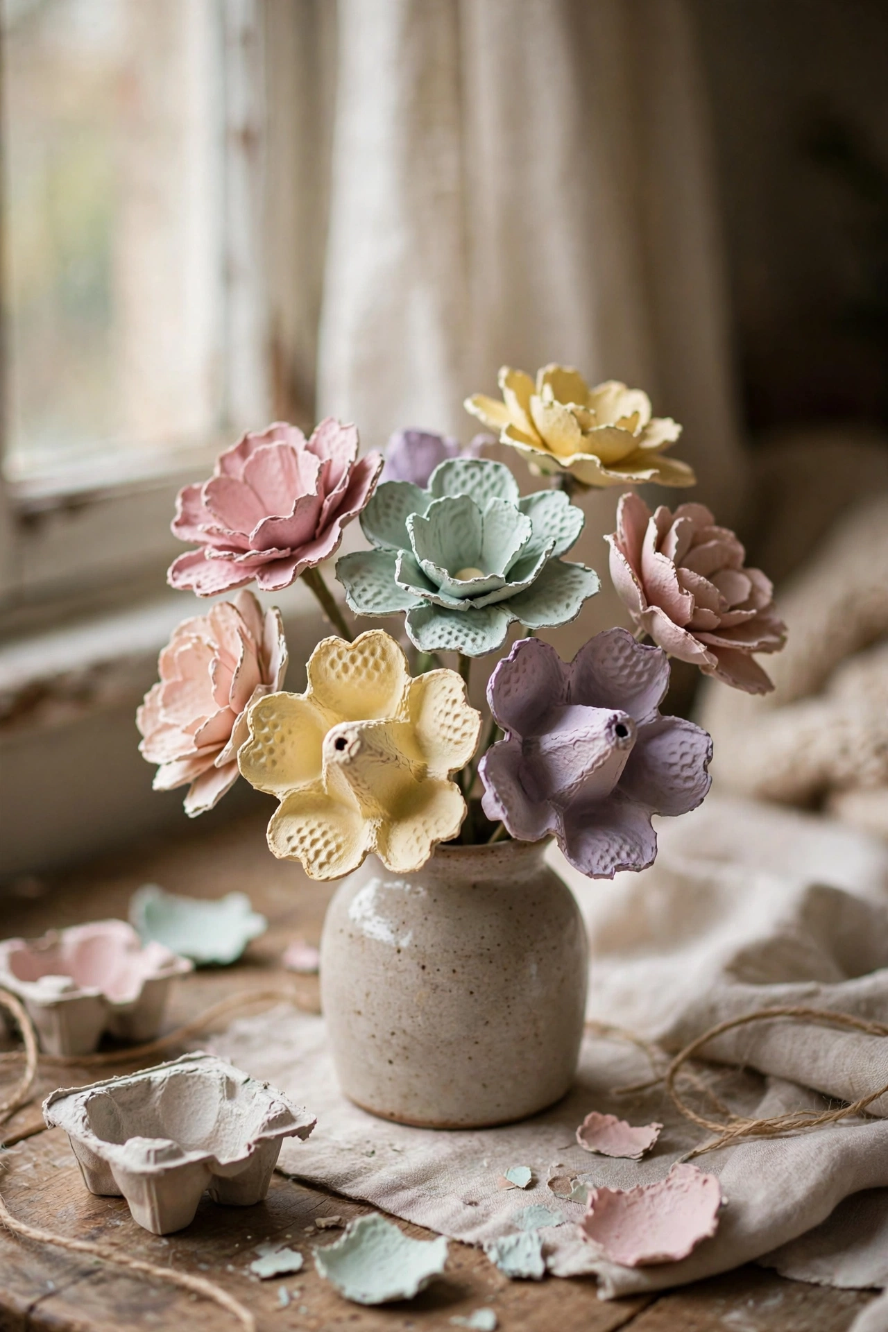 Handmade pastel flowers crafted from painted egg cartons in a vase