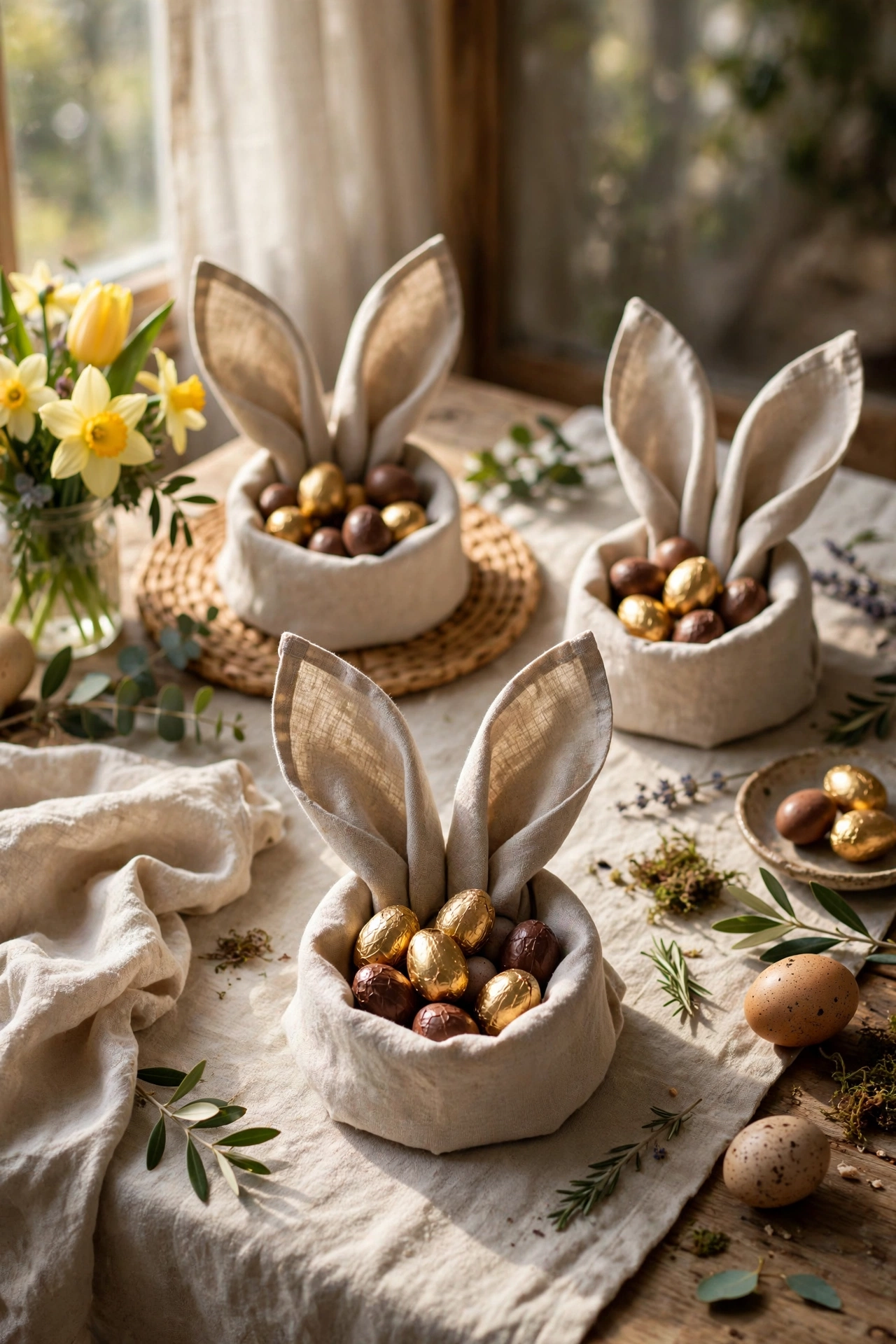 Linen napkins folded into bunny ears with chocolate eggs on a table