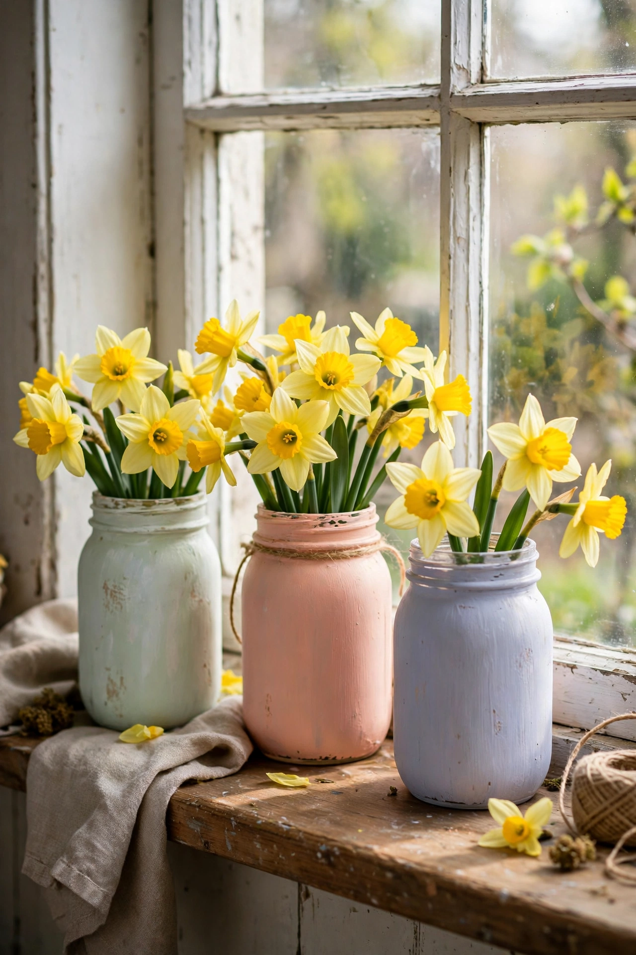 Mason jars painted in pastel chalk paint with daffodils