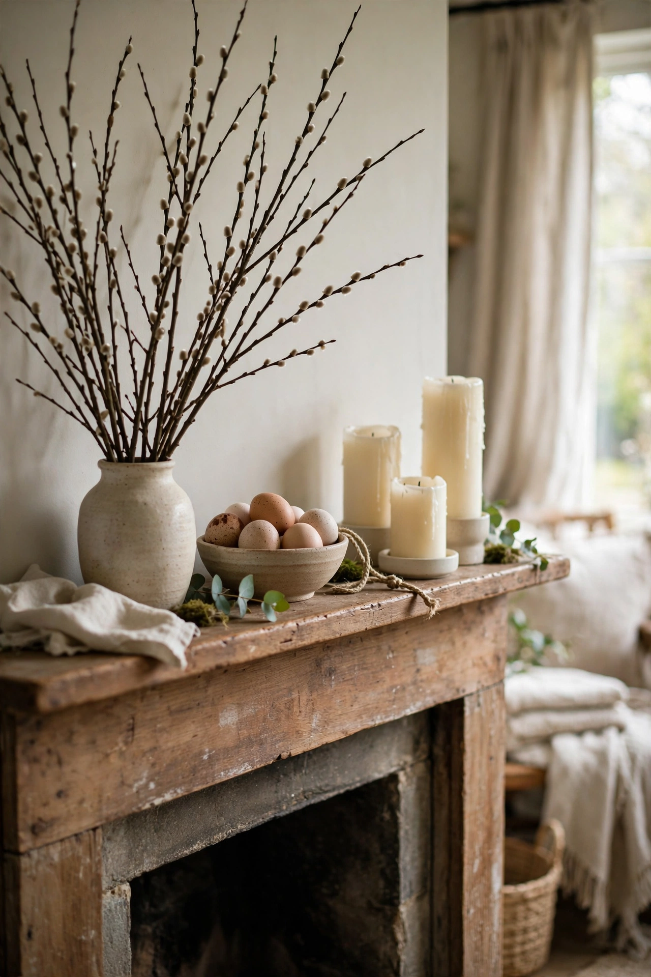 Mantel styled with branches, natural eggs and ivory candles for spring
