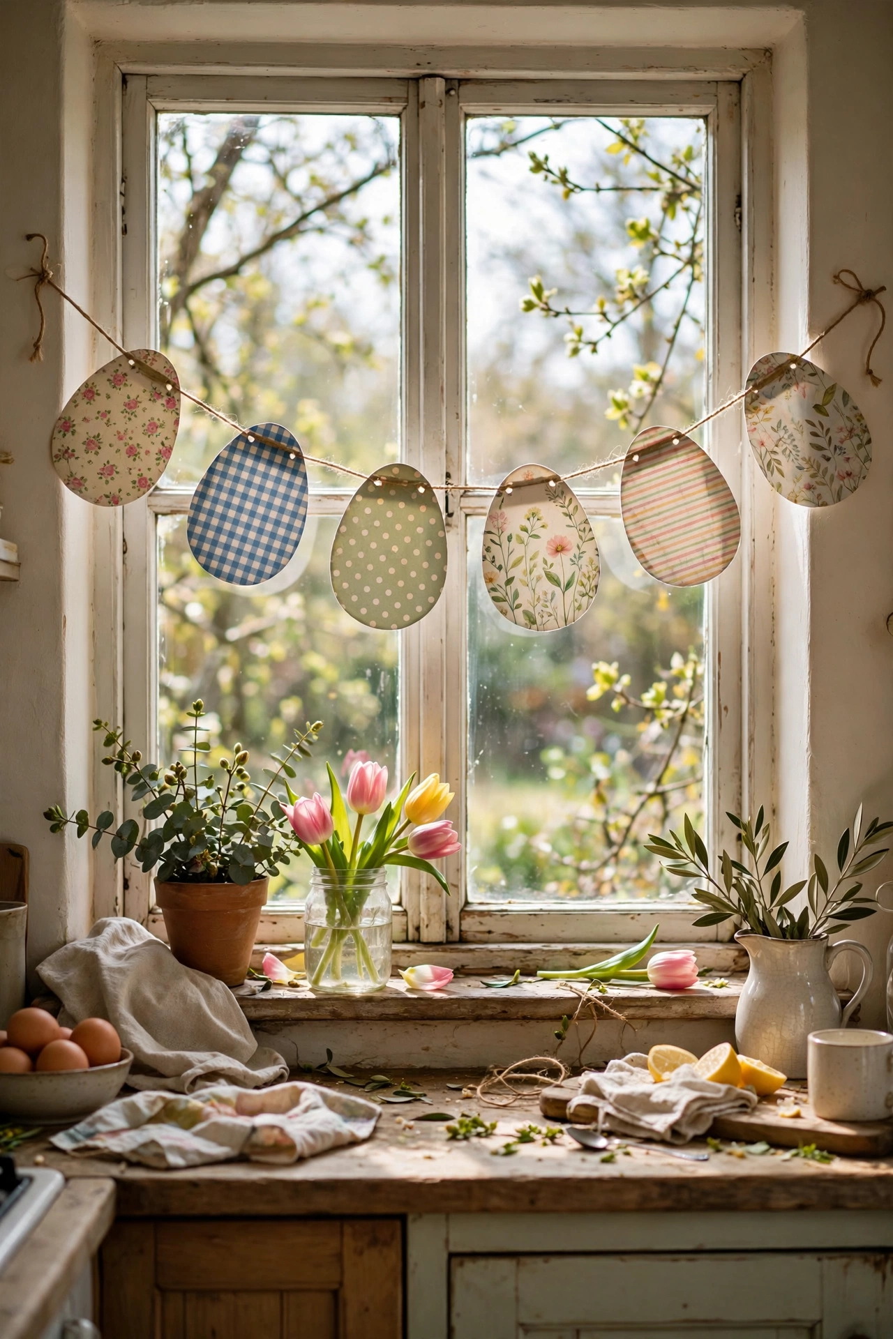 Egg-shaped bunting in patterned paper across a kitchen window