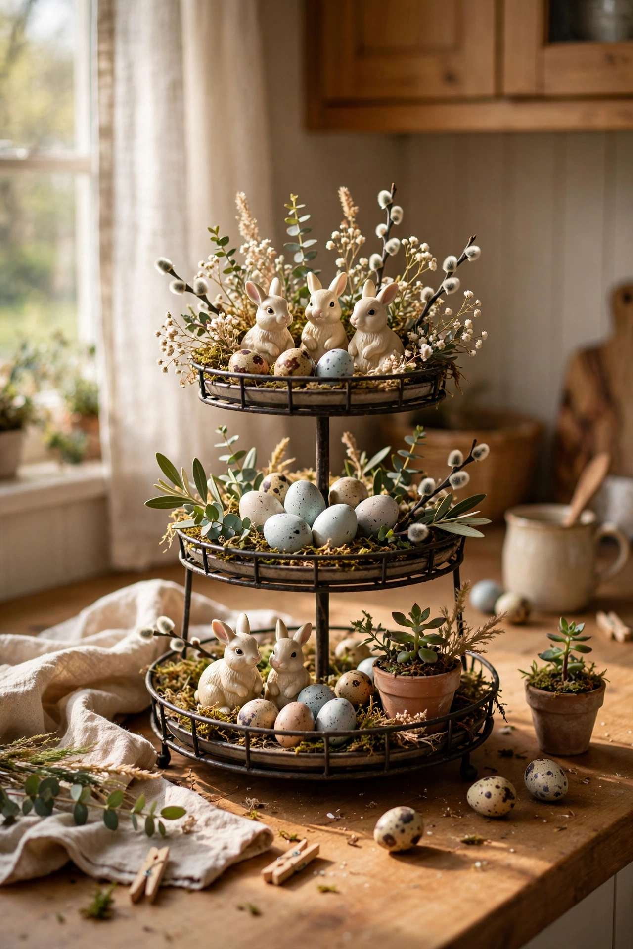 Tiered tray styled with mini bunnies, eggs and a small plant