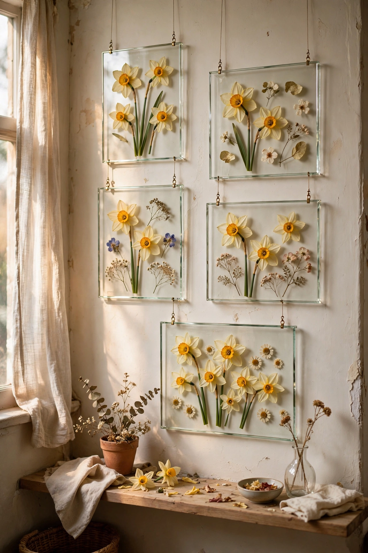 Pressed spring flowers in floating glass frames on a wall