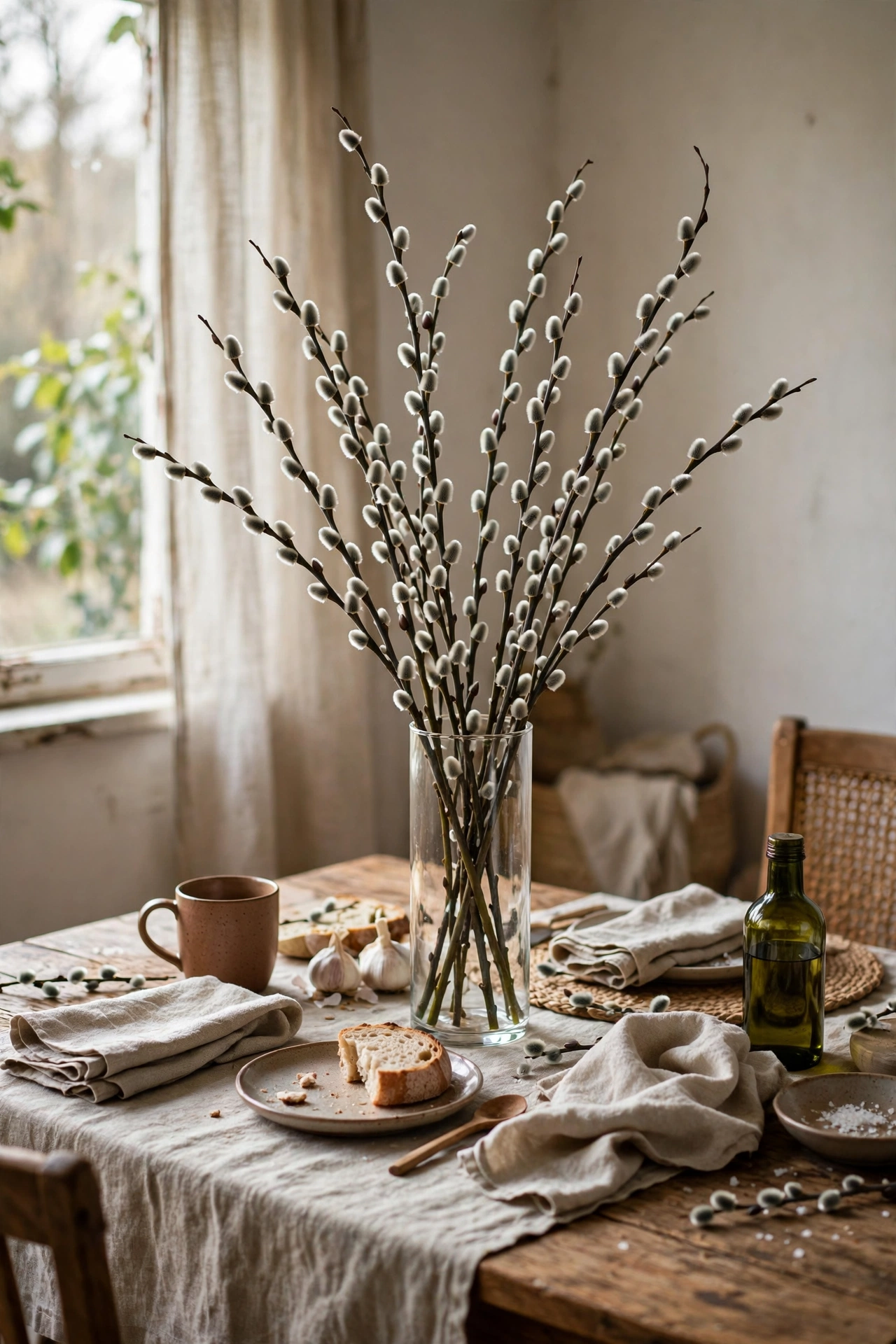 Tall glass vase of pussy willow branches on a dining table