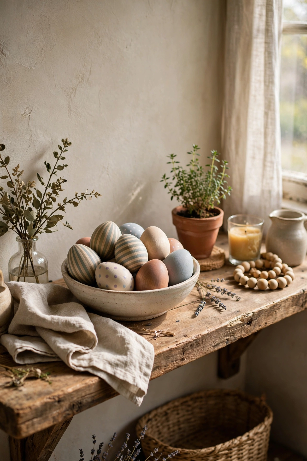 Wooden eggs hand-painted in muted stripes and dots in a bowl
