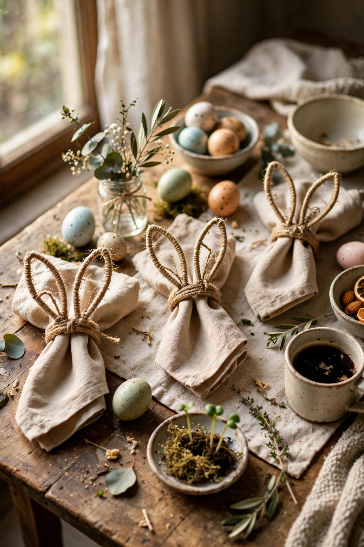 Napkin rings with wire bunny ears wrapped in twine on a table